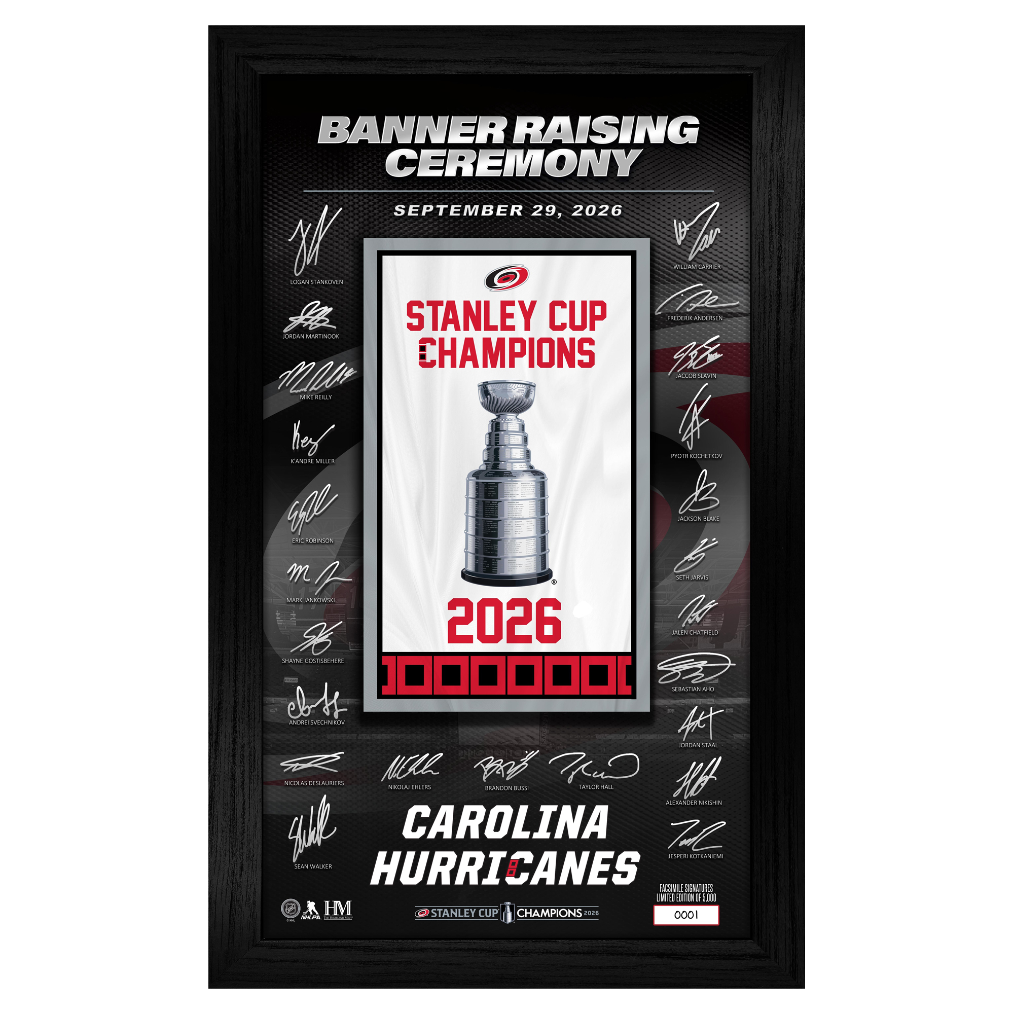 Highland Mint Carolina Hurricanes 2025/26 Stanley Cup Champions Banner Raising Ceremony 12" x 20" Signature Frame - Limited Edition of 5,000
