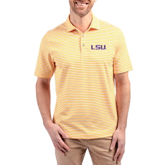 Men's Cutter & Buck  Gold LSU Tigers Virtue Recycled Stripe Featherlight Pique Polo