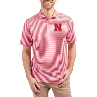 Men's Cutter & Buck  Scarlet Nebraska Huskers Virtue Recycled Stripe Featherlight Pique Polo