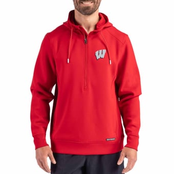Men's Cutter & Buck  Red Wisconsin Badgers Roam Recycled Buttery Soft Knit Half-Zip Hoodie