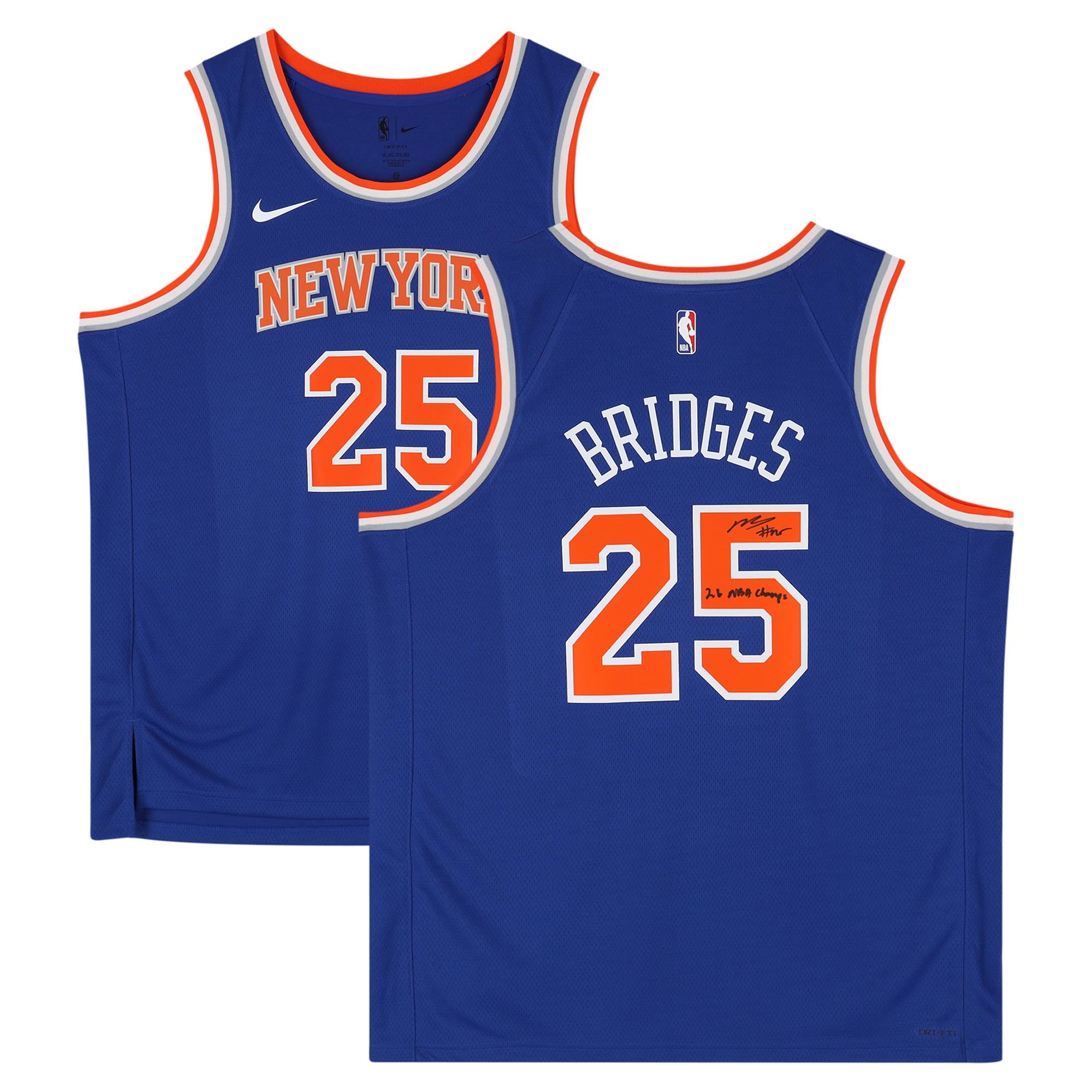 Mikal Bridges, signiertes blaues Nike Icon Swingman-Trikot der New York Knicks mit der Aufschrift „26 NBA Champs“.