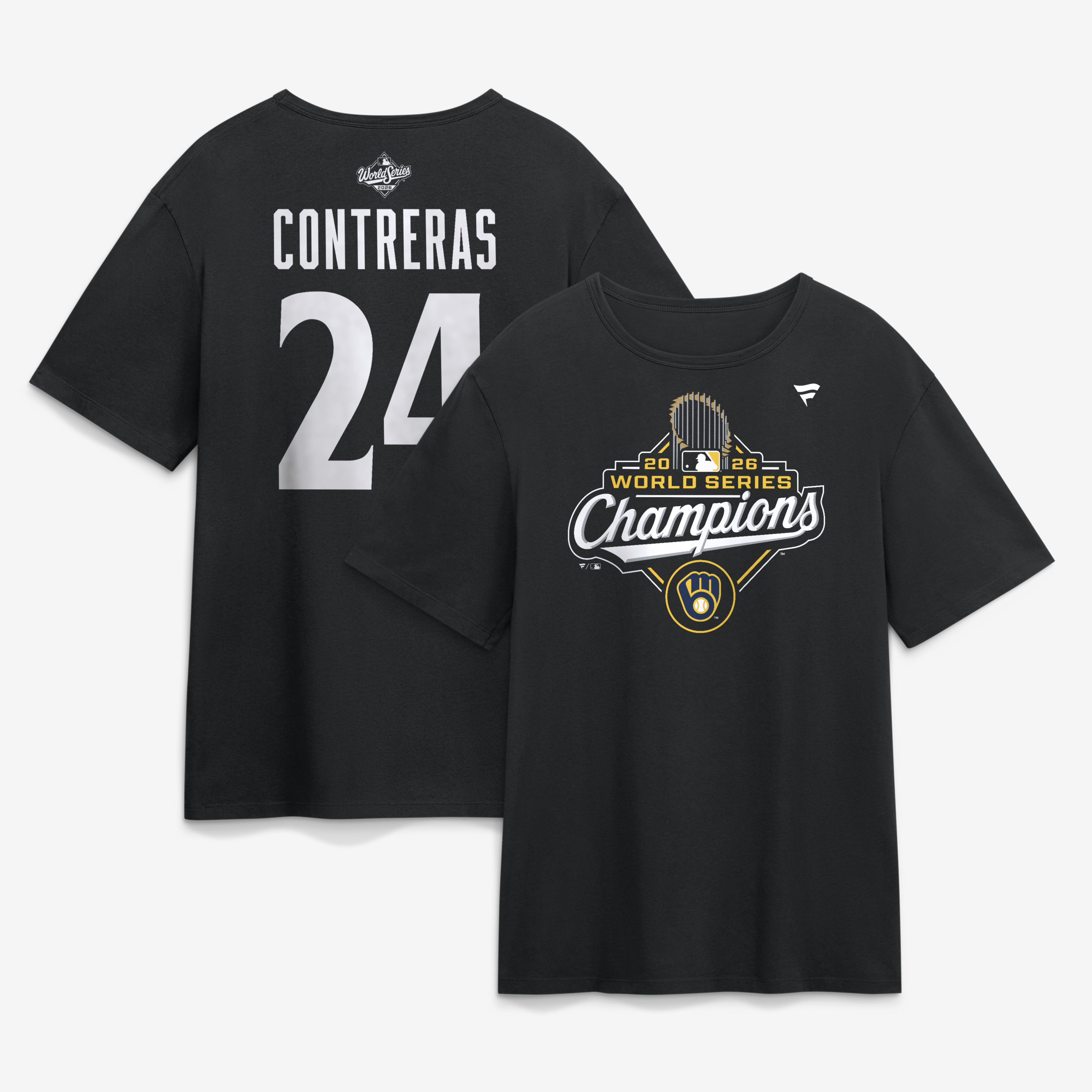 Men's Fanatics William Contreras Black Milwaukee Brewers 2026 World Series Champions Name & Number T-Shirt