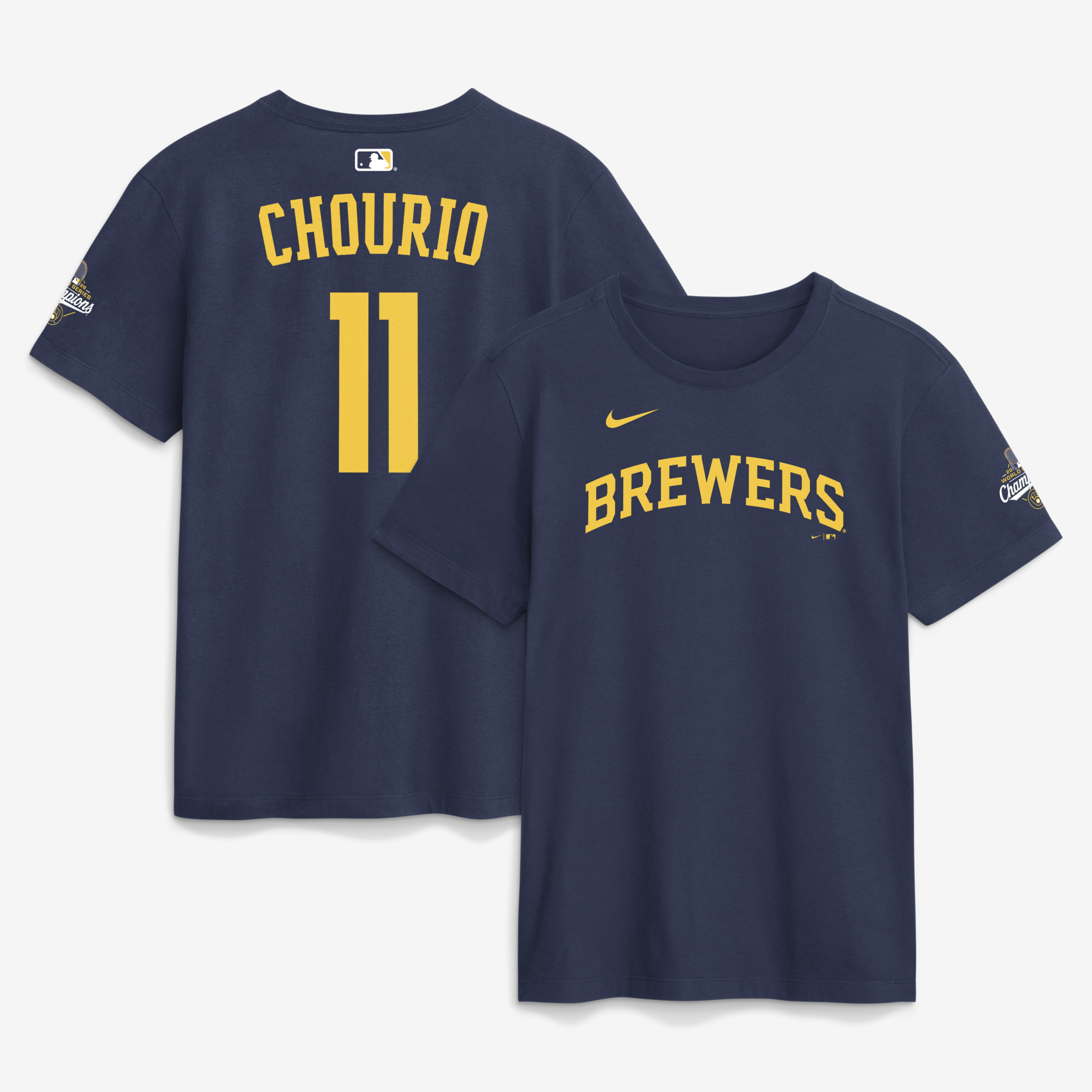 Men's Nike Jackson Chourio Navy Milwaukee Brewers 2026 World Series Champions Name & Number T-Shirt