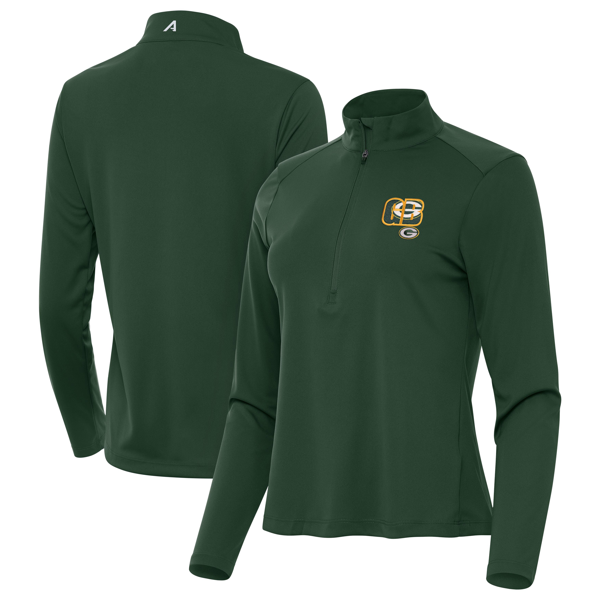Women's Antigua Green Green Bay Packers Tribute Half-Zip Pullover