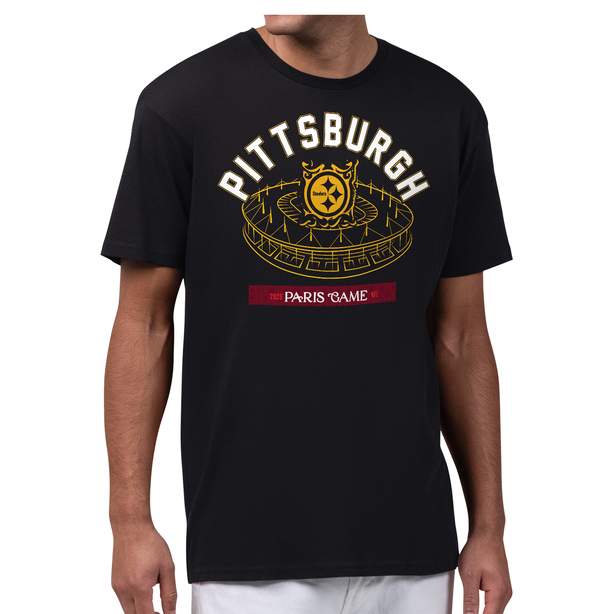 Men's Starter  Black Pittsburgh Steelers 2026 NFL Paris Game Stadium Graphic T-Shirt