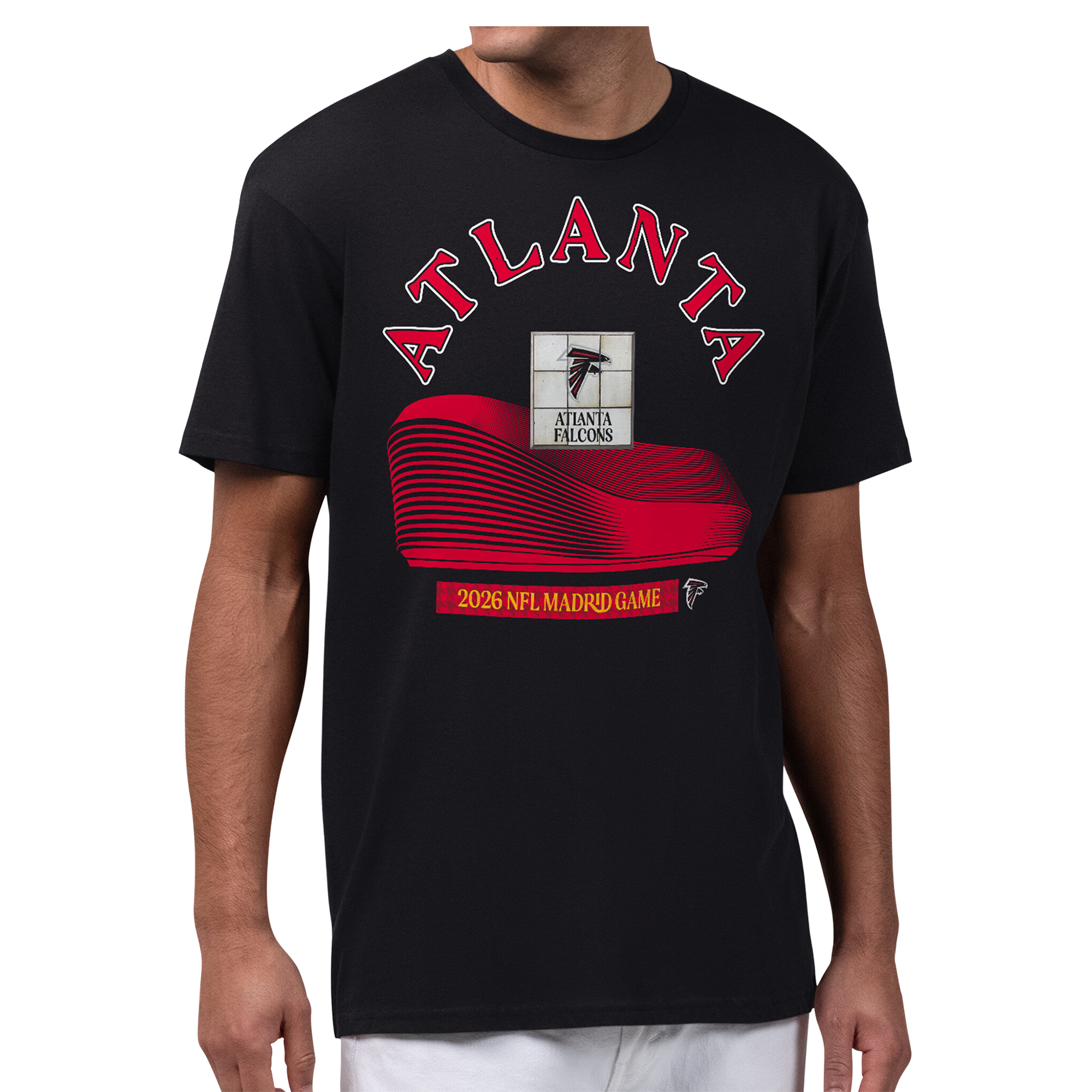 Men's Starter  Black Atlanta Falcons 2026 NFL Madrid Game Stadium Graphic T-Shirt