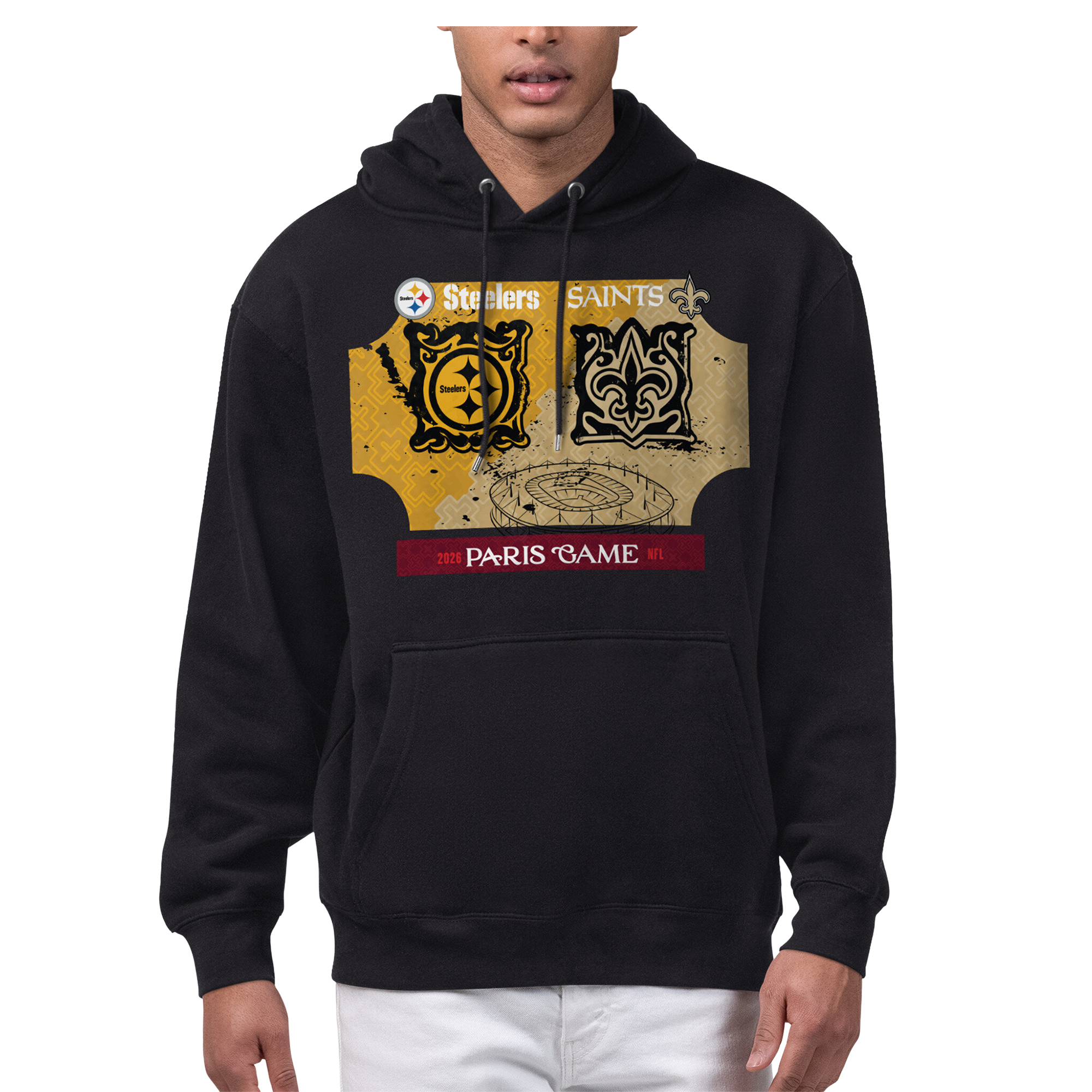 Men's Starter  Black Pittsburgh Steelers vs. New Orleans Saints 2026 NFL Paris Game Matchup Graphic Fleece Hoodie