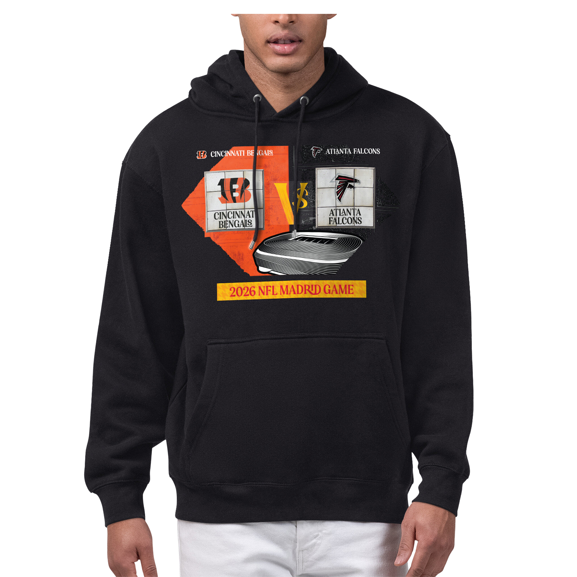 Men's Starter  Black Cincinnati Bengals vs. Atlanta Falcons 2026 NFL Madrid Game Matchup Graphic Fleece Hoodie