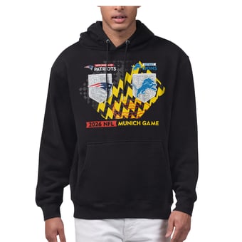 Men's Starter  Black New England Patriots vs. Detroit Lions 2026 NFL Munich Game Matchup Graphic Fleece Hoodie