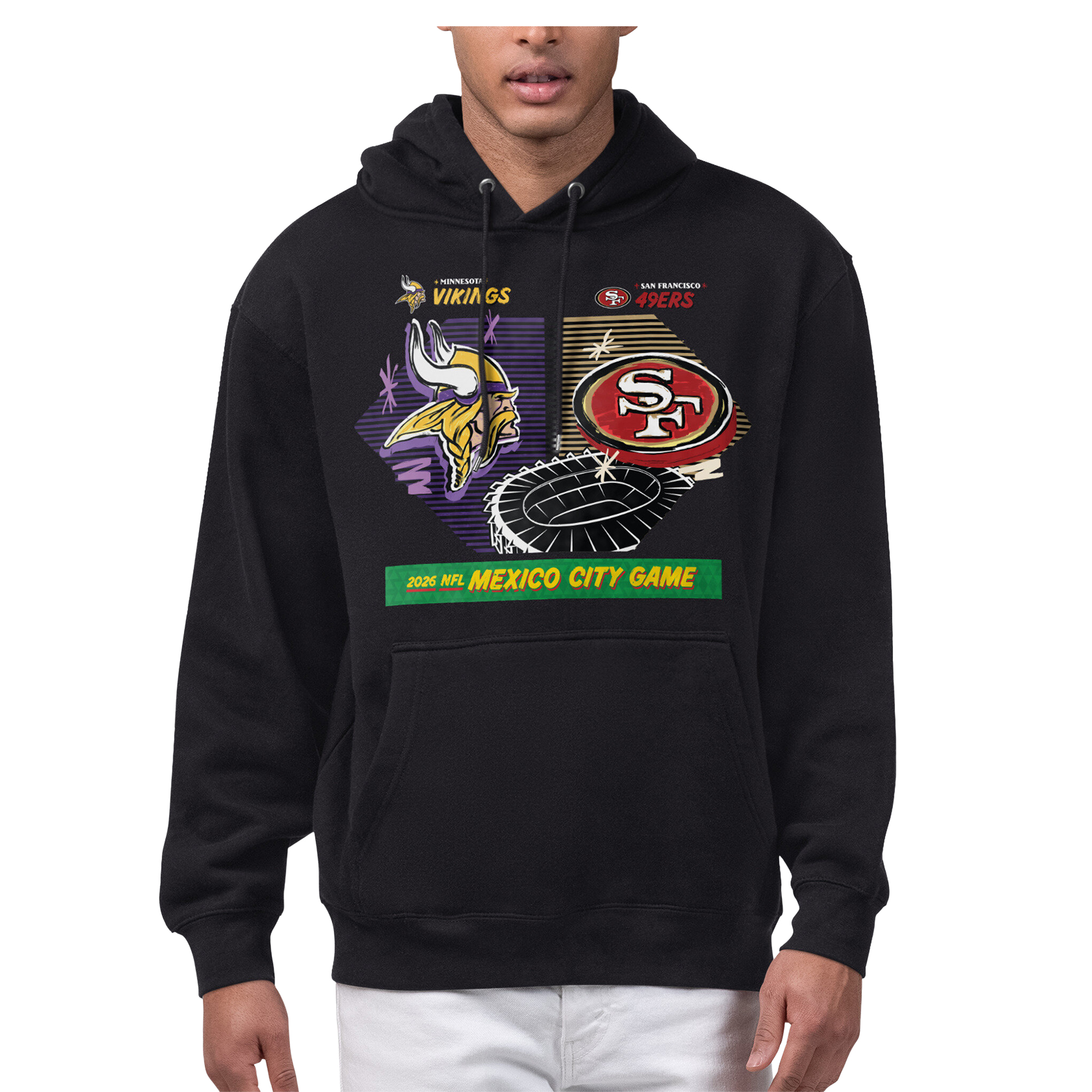Men's Starter Black Minnesota Vikings vs. San Francisco 49ers 2026 NFL Mexico City Game Matchup Graphic Fleece Hoodie