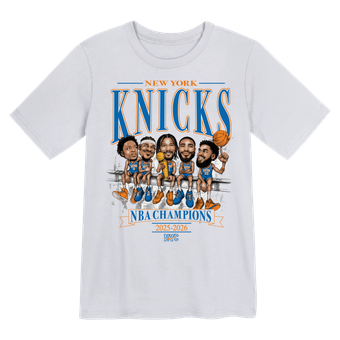 Preschool Nike White New York Knicks 2026 NBA Finals Champions Team Caricature T-Shirt