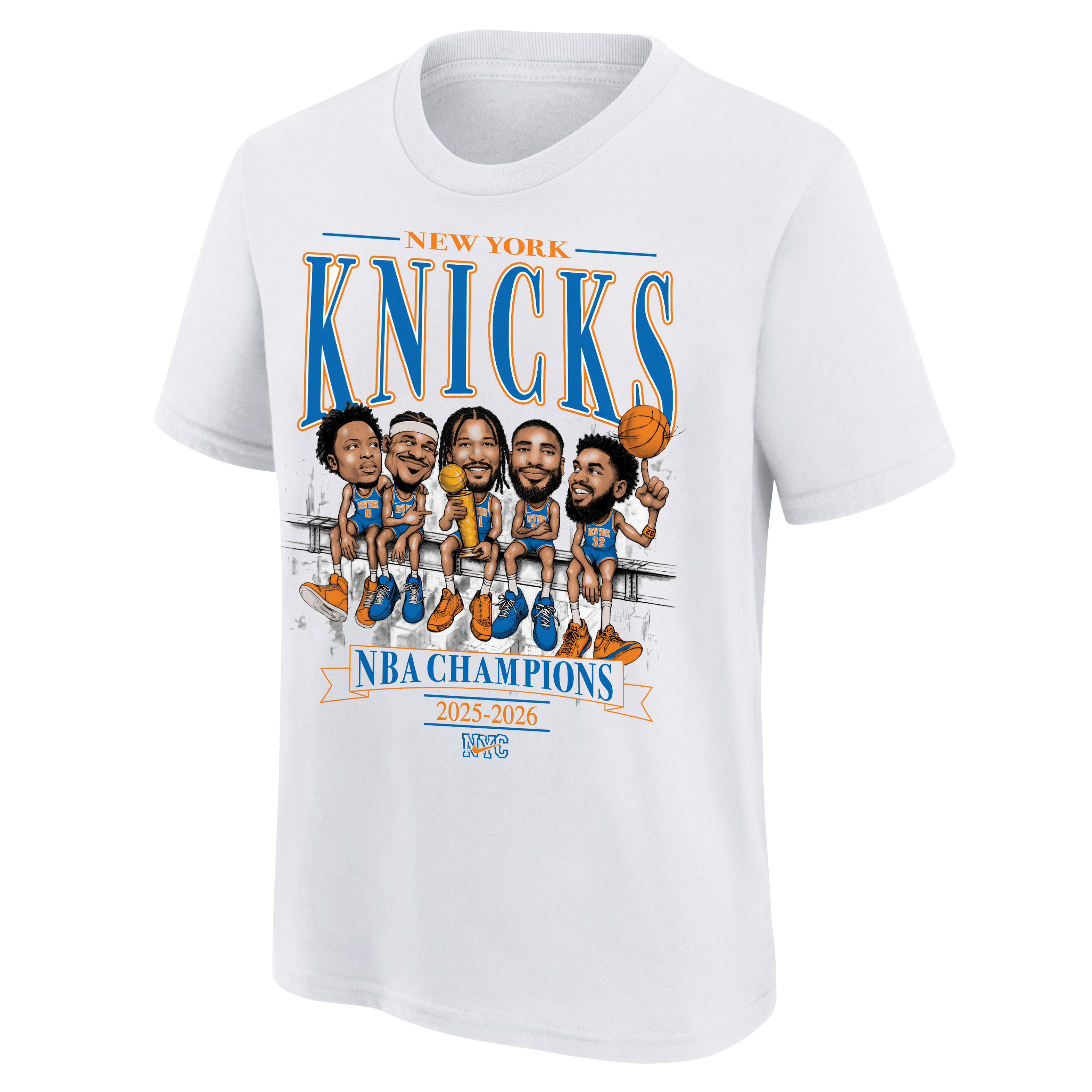 Youth Nike White New York Knicks 2026 NBA Finals Champions Team Caricature T-Shirt