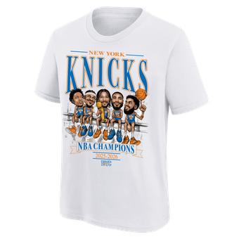 Youth Nike White New York Knicks 2026 NBA Finals Champions Team Caricature T-Shirt