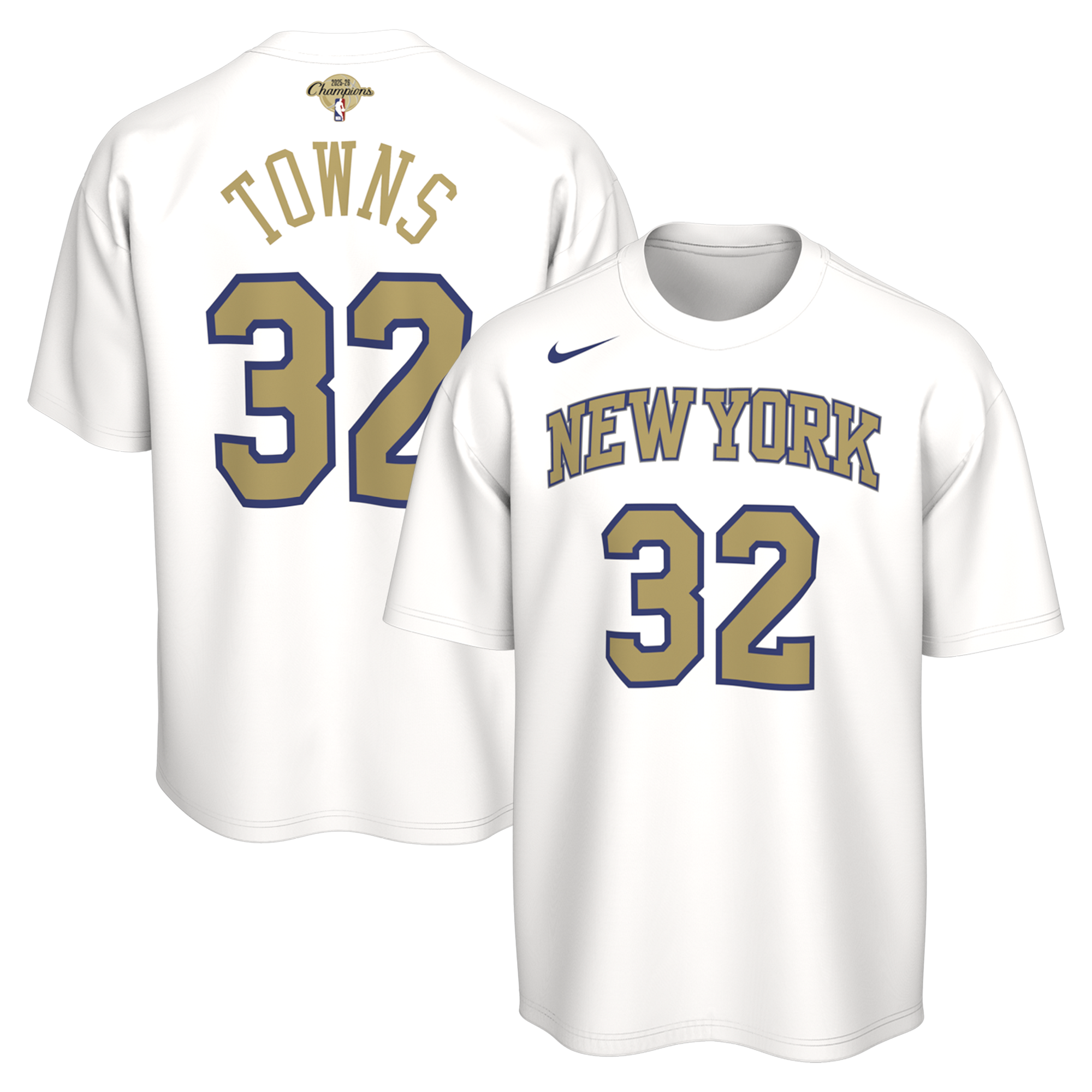Youth Nike Karl-Anthony Towns White New York Knicks 2026 NBA Finals Champions Trophy Collection Name & Number T-Shirt
