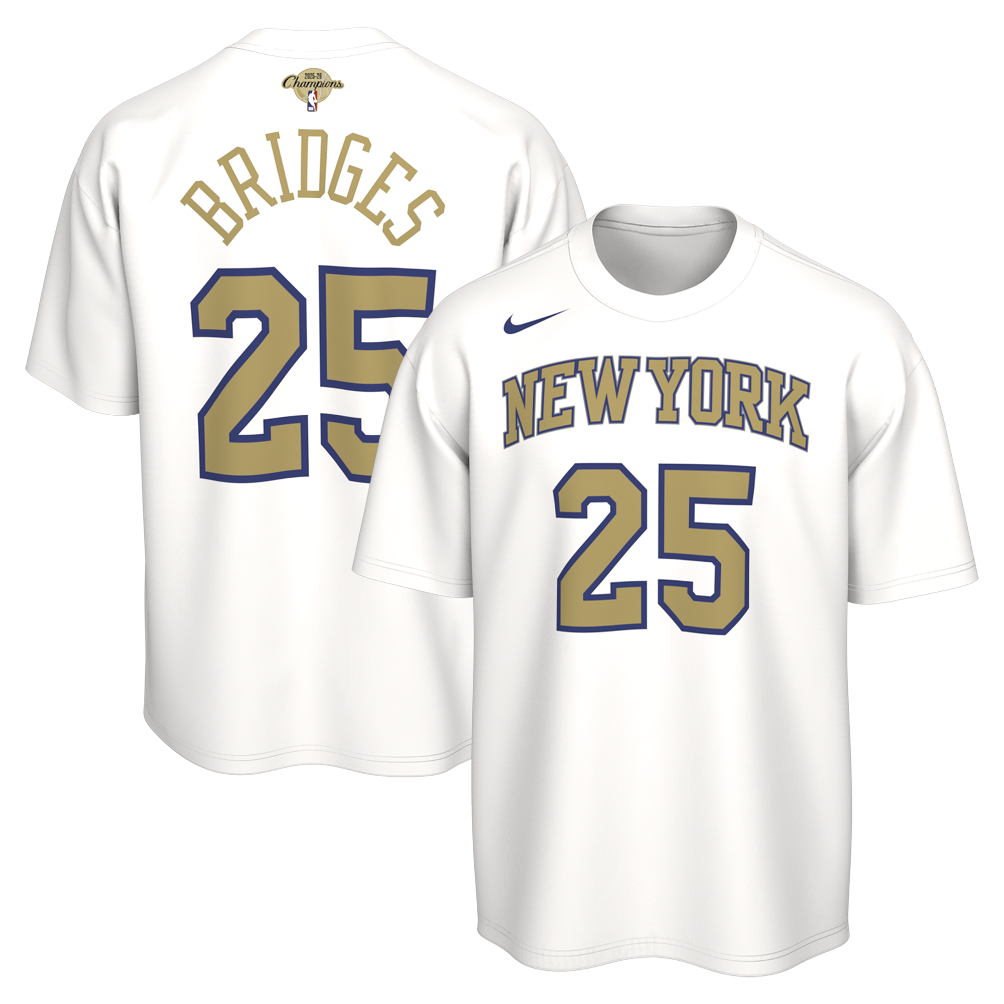 Youth Nike Mikal Bridges White New York Knicks 2026 NBA Finals Champions Trophy Collection Name & Number T-Shirt