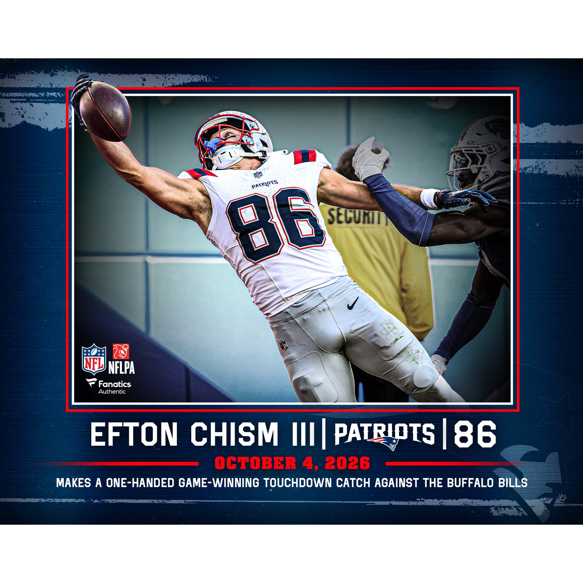 Efton Chism III New England Patriots Unsigned 2026 NFL Week 4 One-Handed Touchdown Catch vs. Buffalo Bills Photograph