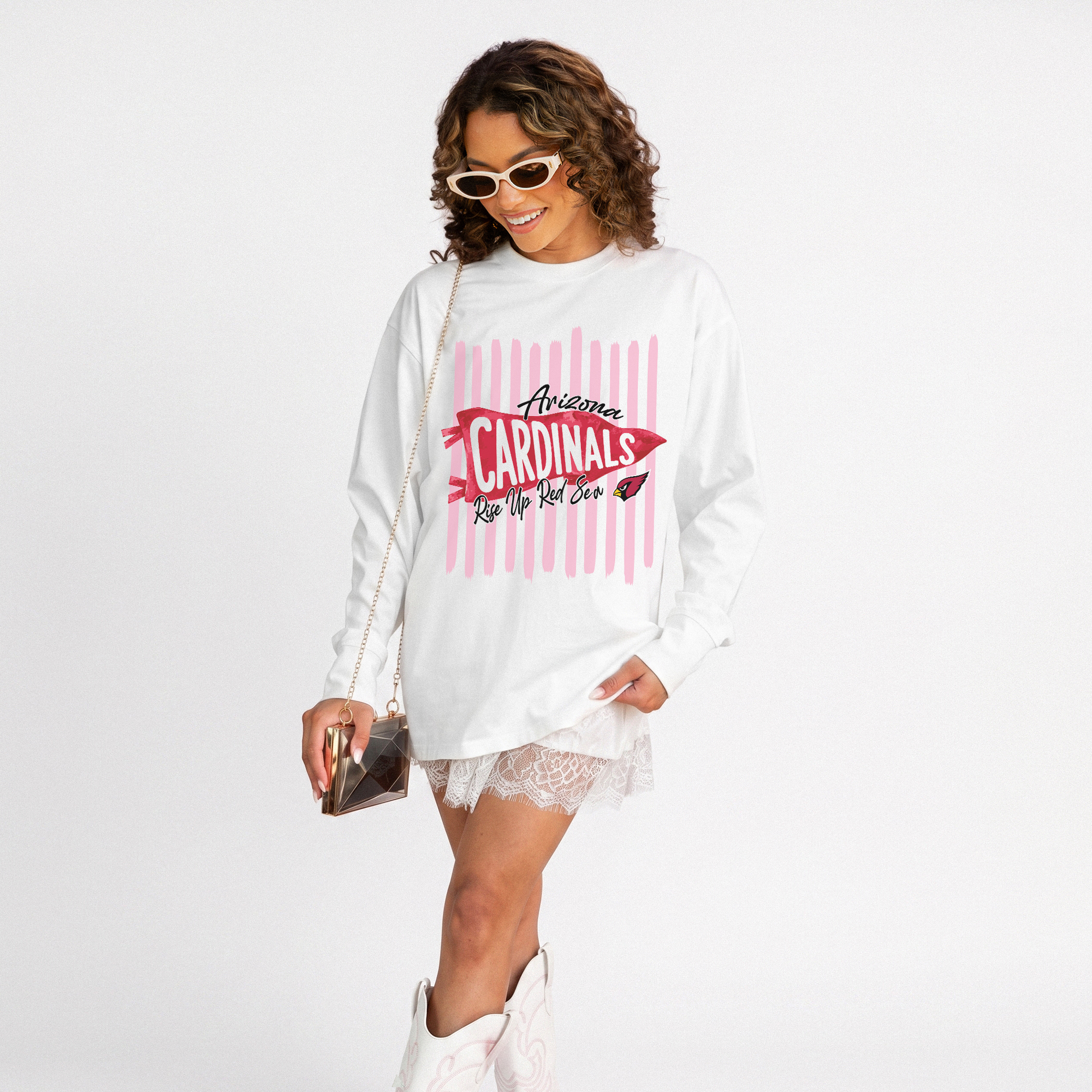 Women's Gameday Couture White Arizona Cardinals Rally Stripe Oversized Long Sleeve T-Shirt