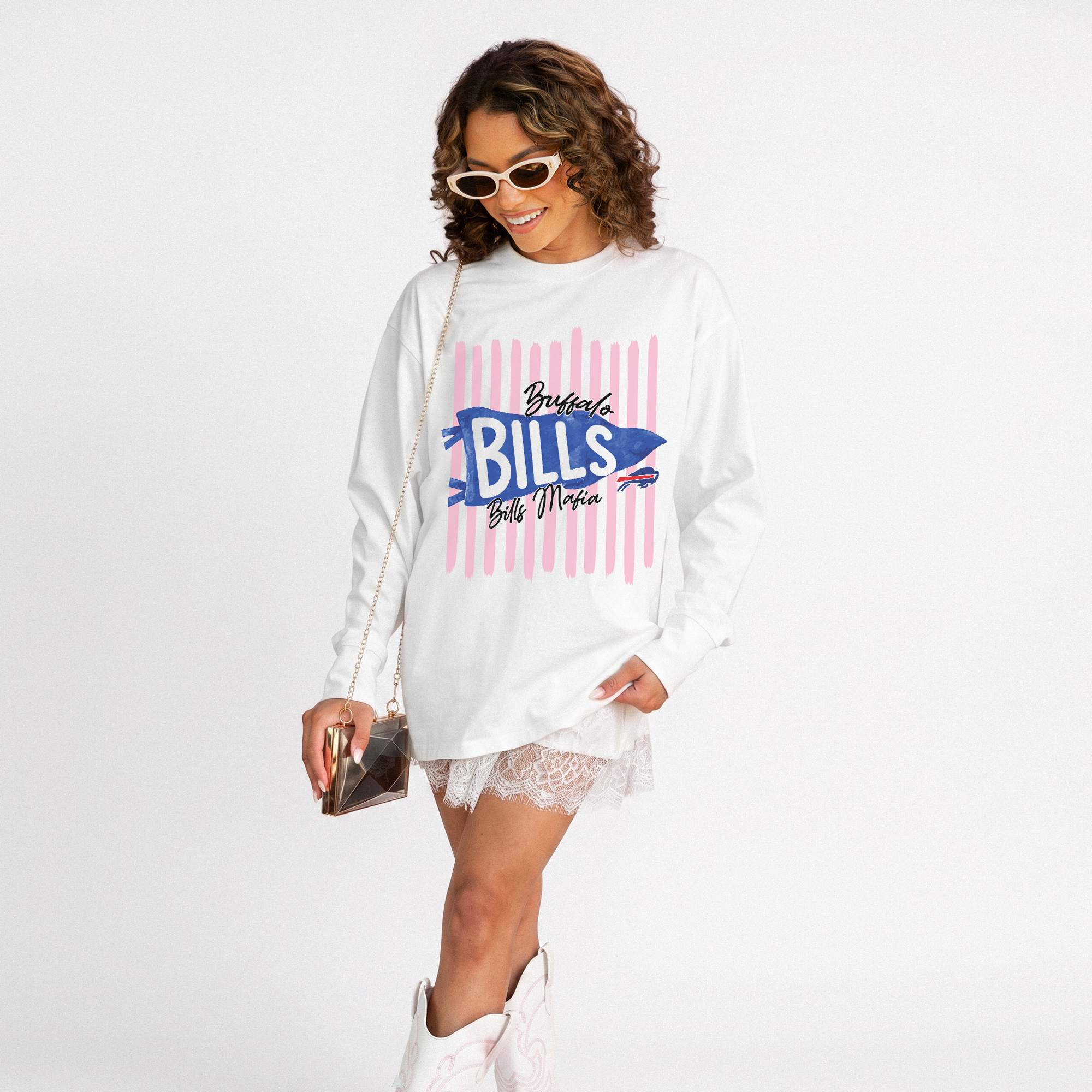 Women's Gameday Couture White Buffalo Bills Rally Stripe Oversized Long Sleeve T-Shirt