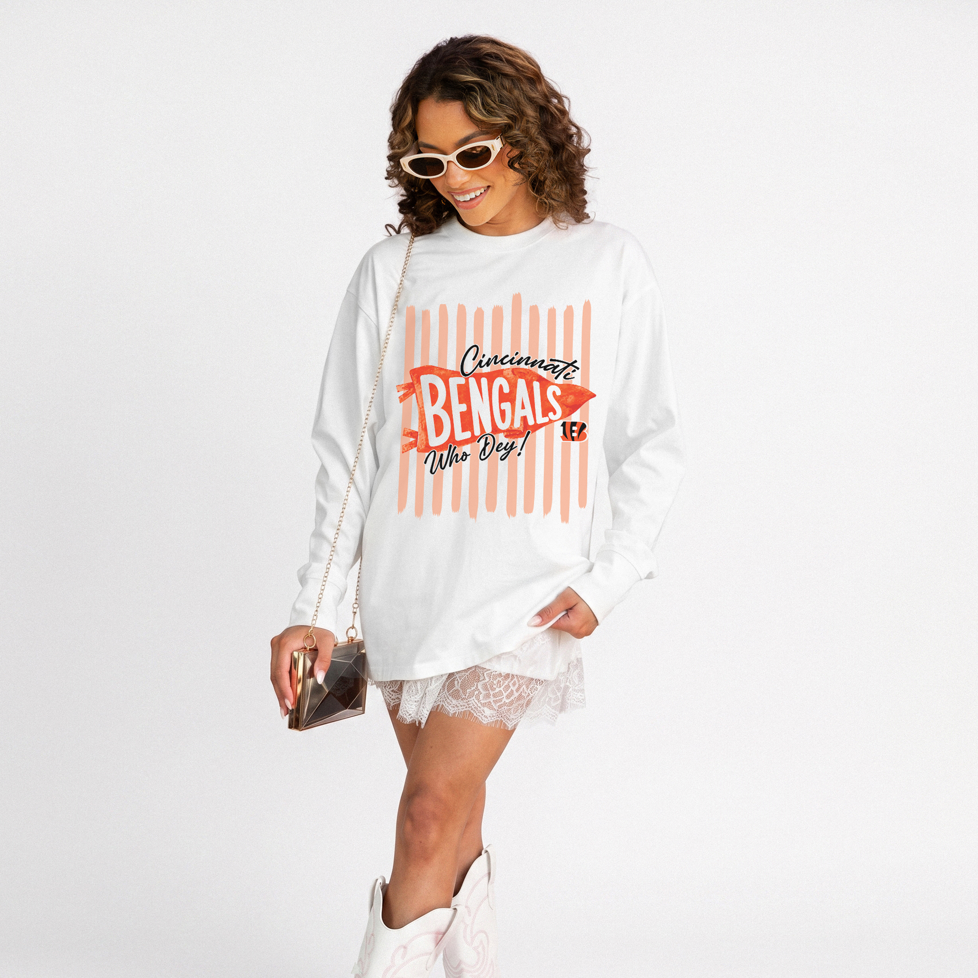 Women's Gameday Couture White Cincinnati Bengals Rally Stripe Oversized Long Sleeve T-Shirt