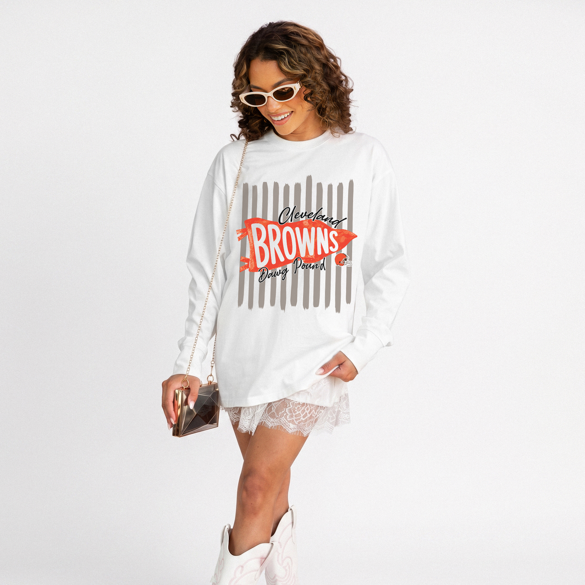 Women's Gameday Couture White Cleveland Browns Rally Stripe Oversized Long Sleeve T-Shirt
