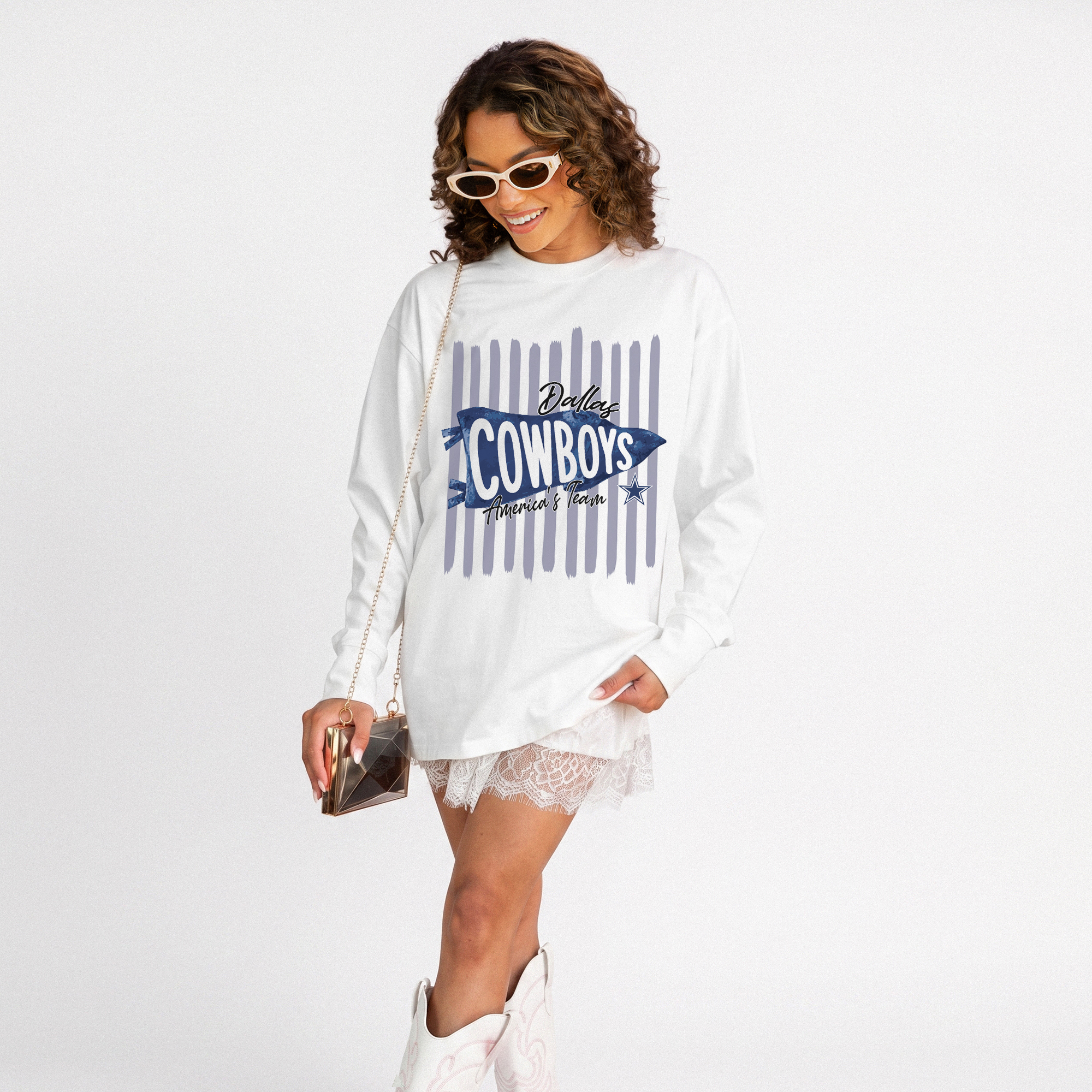 Women's Gameday Couture White Dallas Cowboys Rally Stripe Oversized Long Sleeve T-Shirt