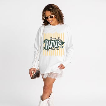 Women's Gameday Couture White Green Bay Packers Rally Stripe Oversized Long Sleeve T-Shirt