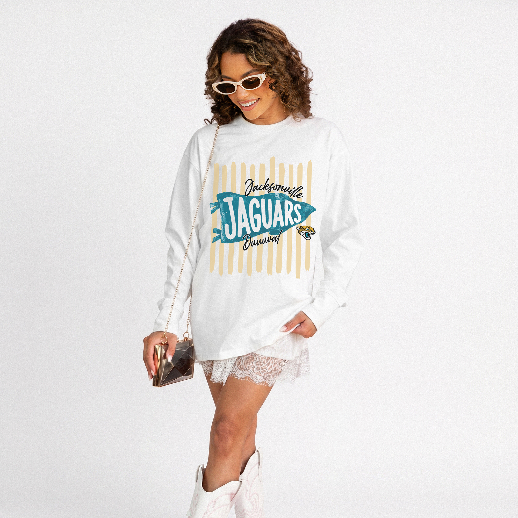 Women's Gameday Couture White Jacksonville Jaguars Rally Stripe Oversized Long Sleeve T-Shirt