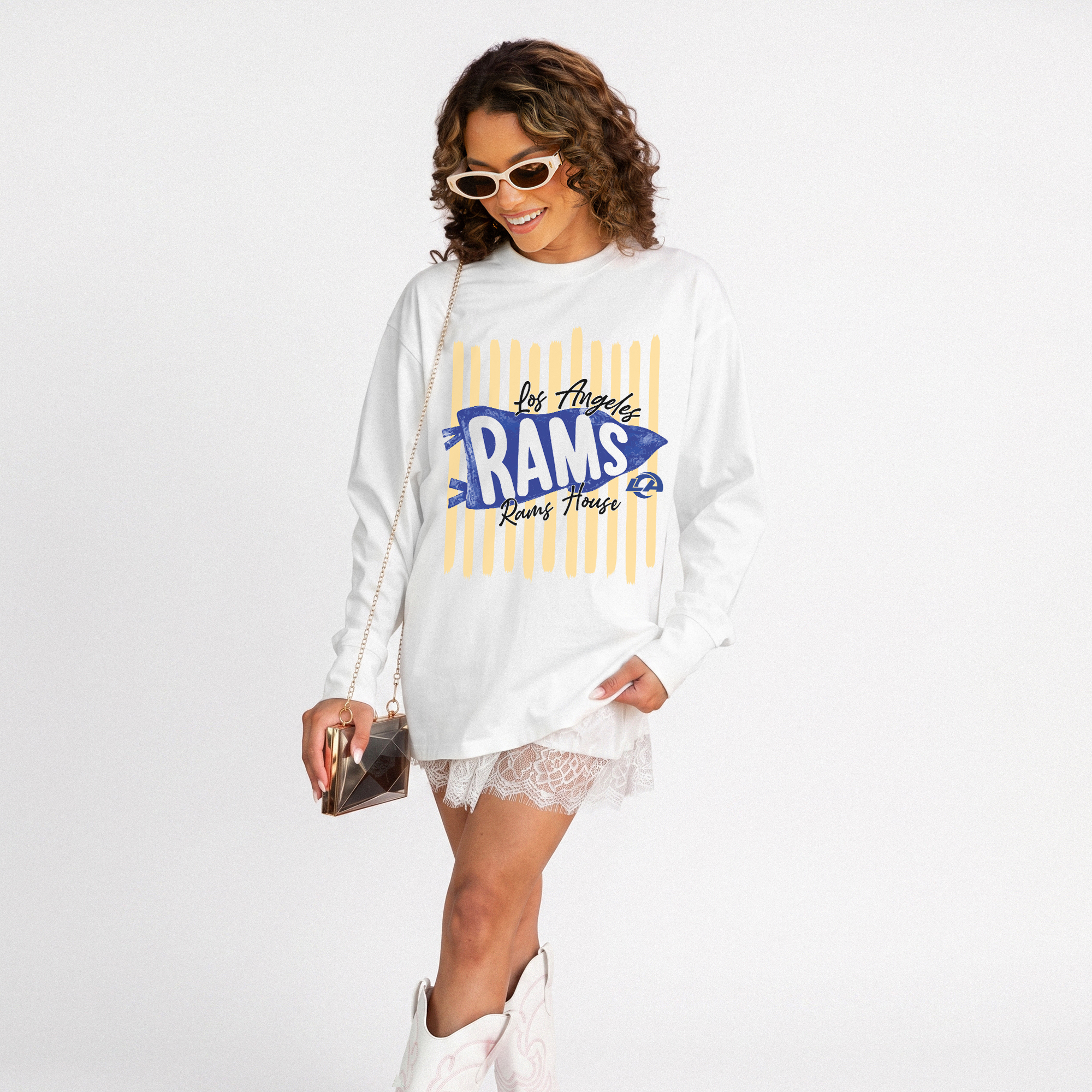 Women's Gameday Couture White Los Angeles Rams Rally Stripe Oversized Long Sleeve T-Shirt