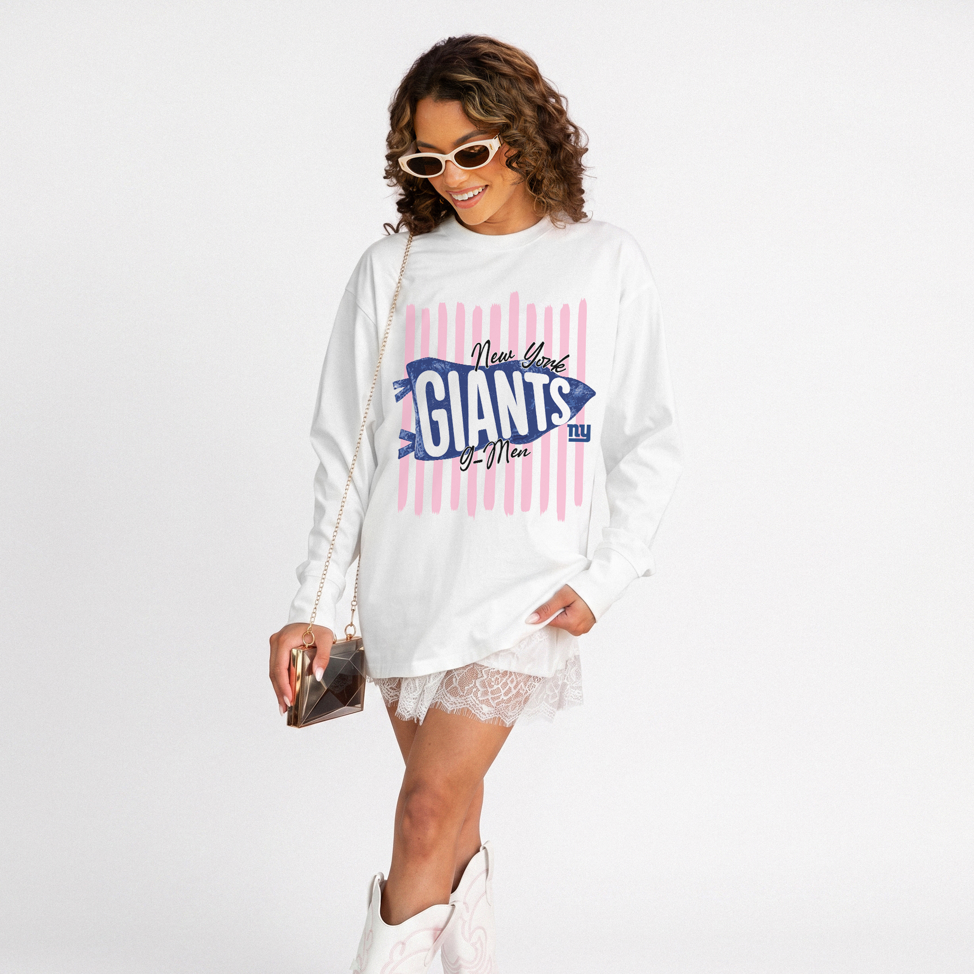 Women's Gameday Couture White New York Giants Rally Stripe Oversized Long Sleeve T-Shirt