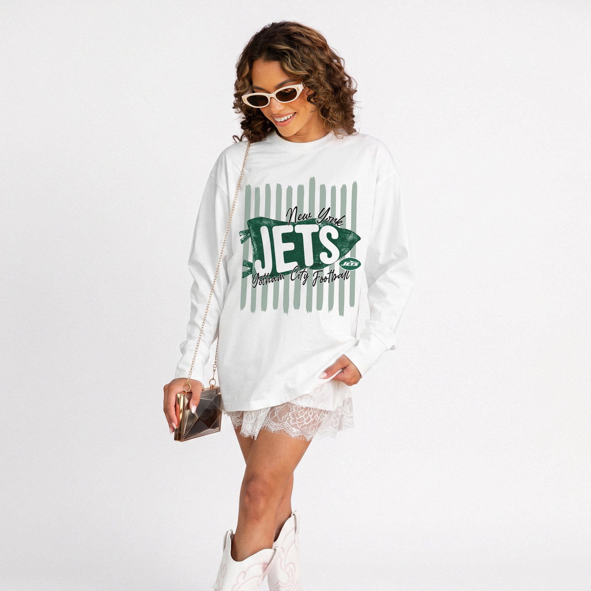 Women's Gameday Couture White New York Jets Rally Stripe Oversized Long Sleeve T-Shirt