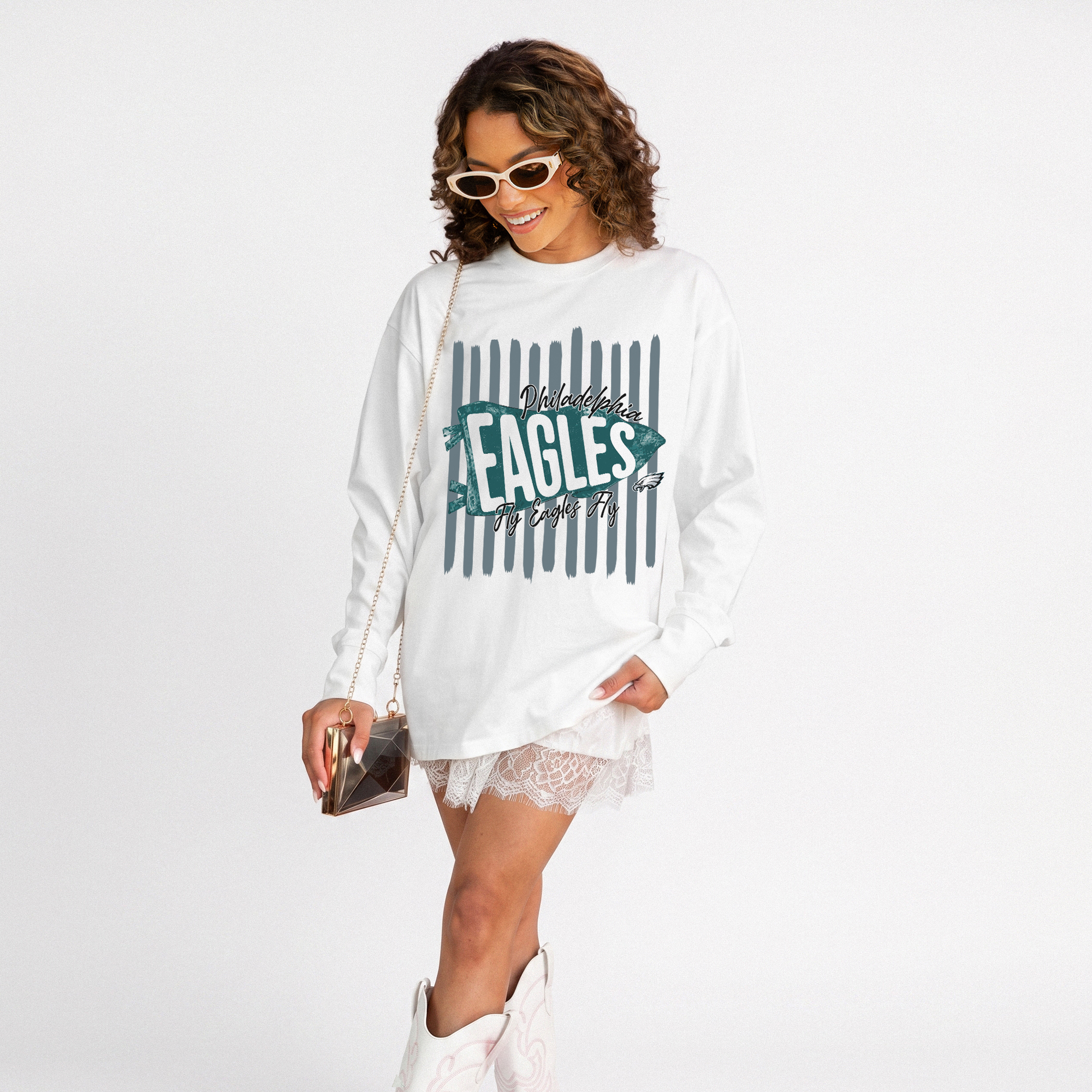 Women's Gameday Couture White Philadelphia Eagles Rally Stripe Oversized Long Sleeve T-Shirt