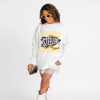 Women's Gameday Couture White Pittsburgh Steelers Rally Stripe Oversized Long Sleeve T-Shirt