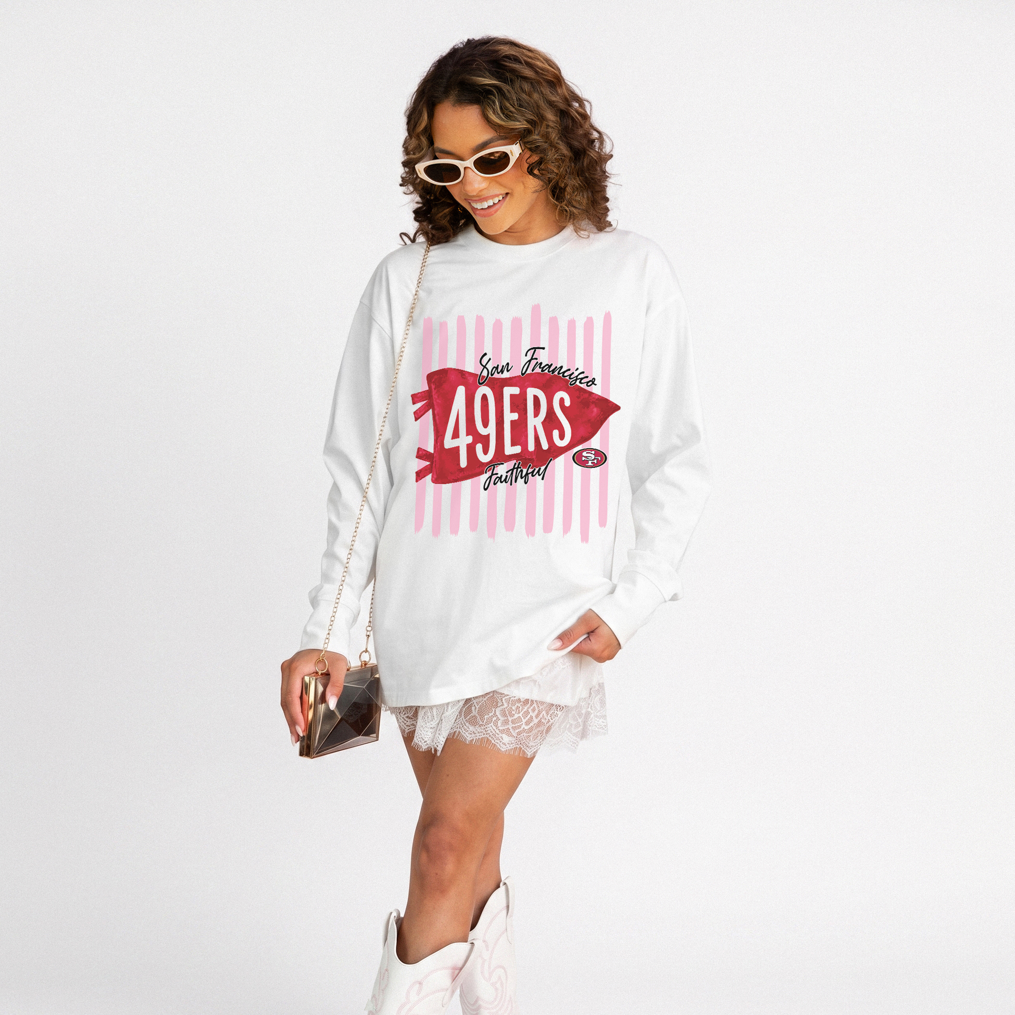 Women's Gameday Couture White San Francisco 49ers Rally Stripe Oversized Long Sleeve T-Shirt