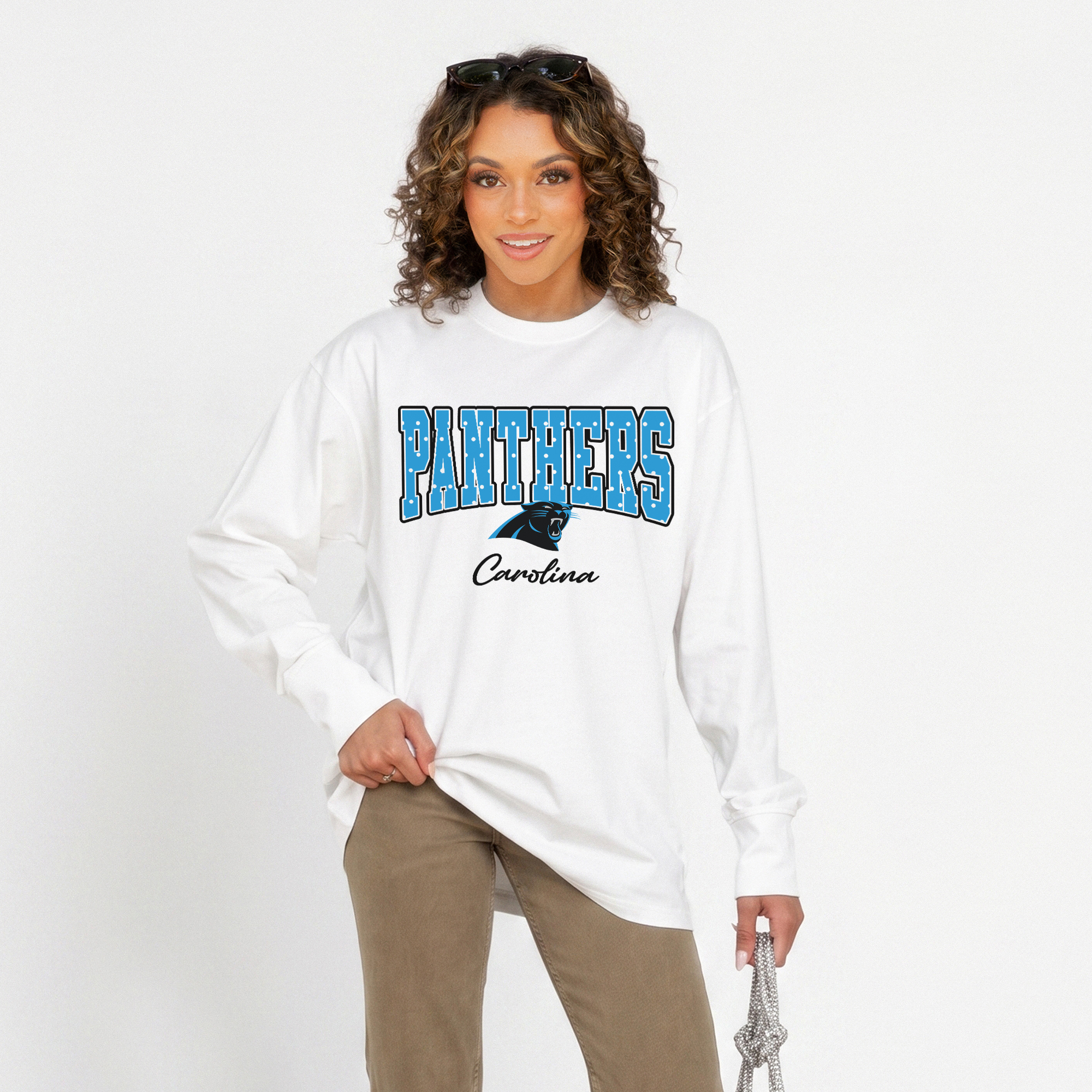 Women's Gameday Couture White Carolina Panthers Sweet Spot Oversized Long Sleeve T-Shirt