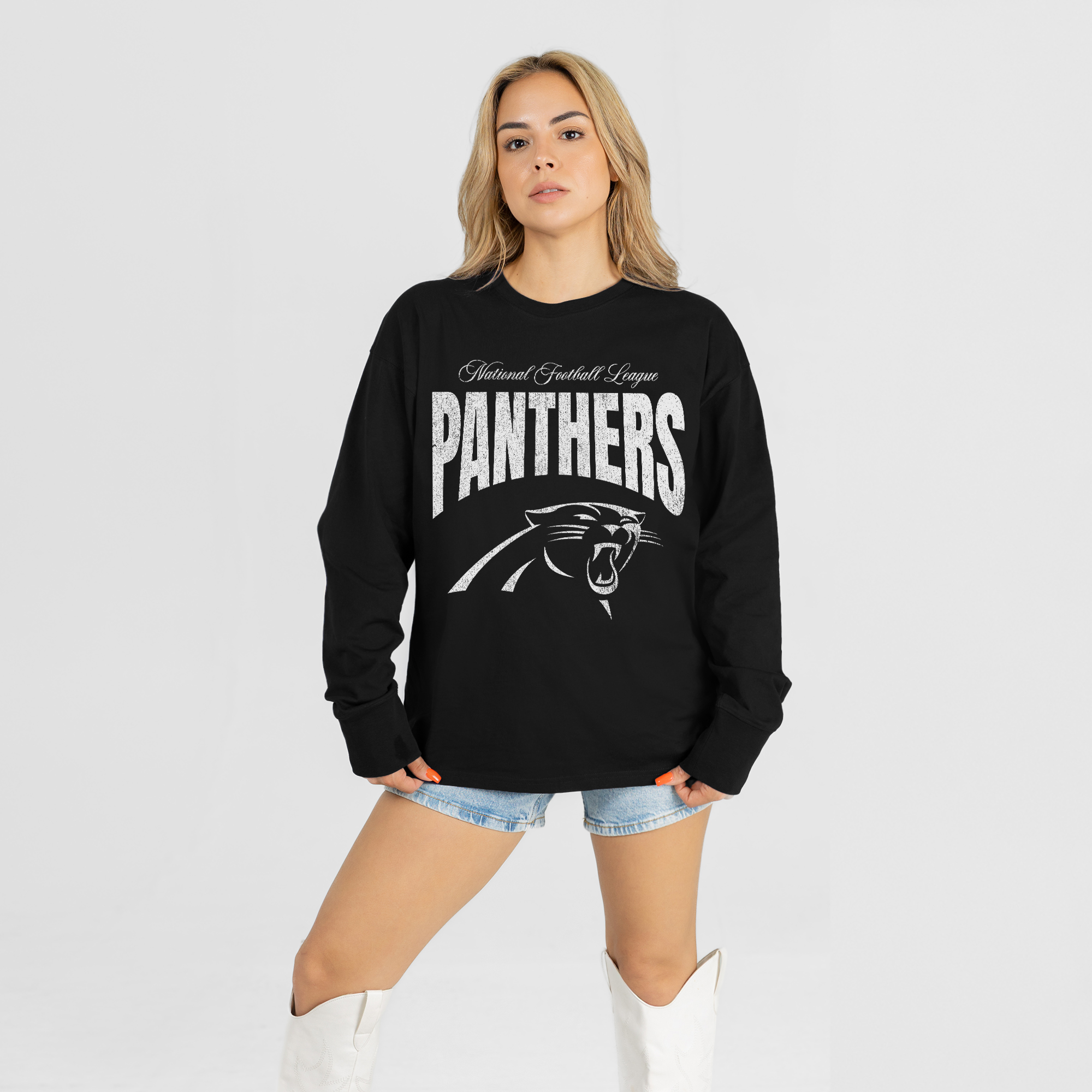 Women's Gameday Couture Black Carolina Panthers Bold Ambition Oversized Long Sleeve T-Shirt