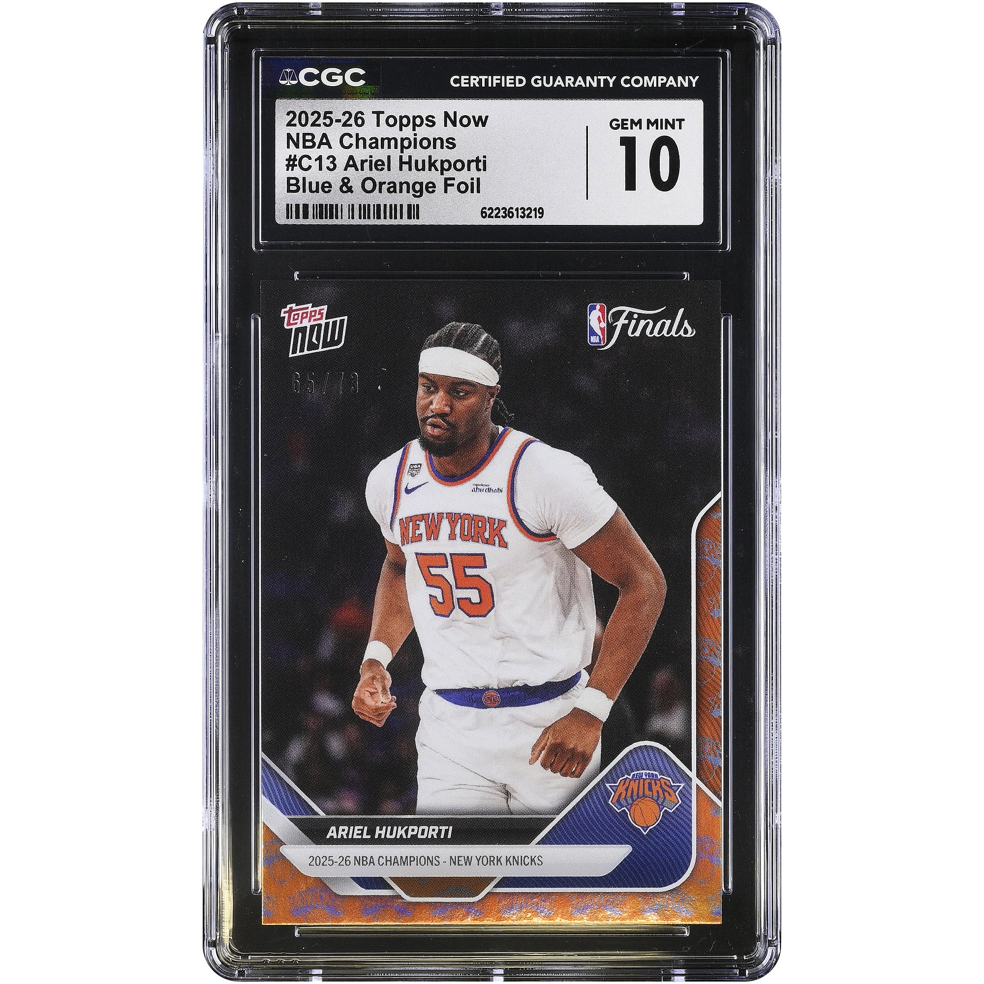 Ariel Hukporti New York Knicks 2025-26 Topps Now Blue & Orange Foil #C13 #/73 CGC Authenticated GEM MINT 10 Card