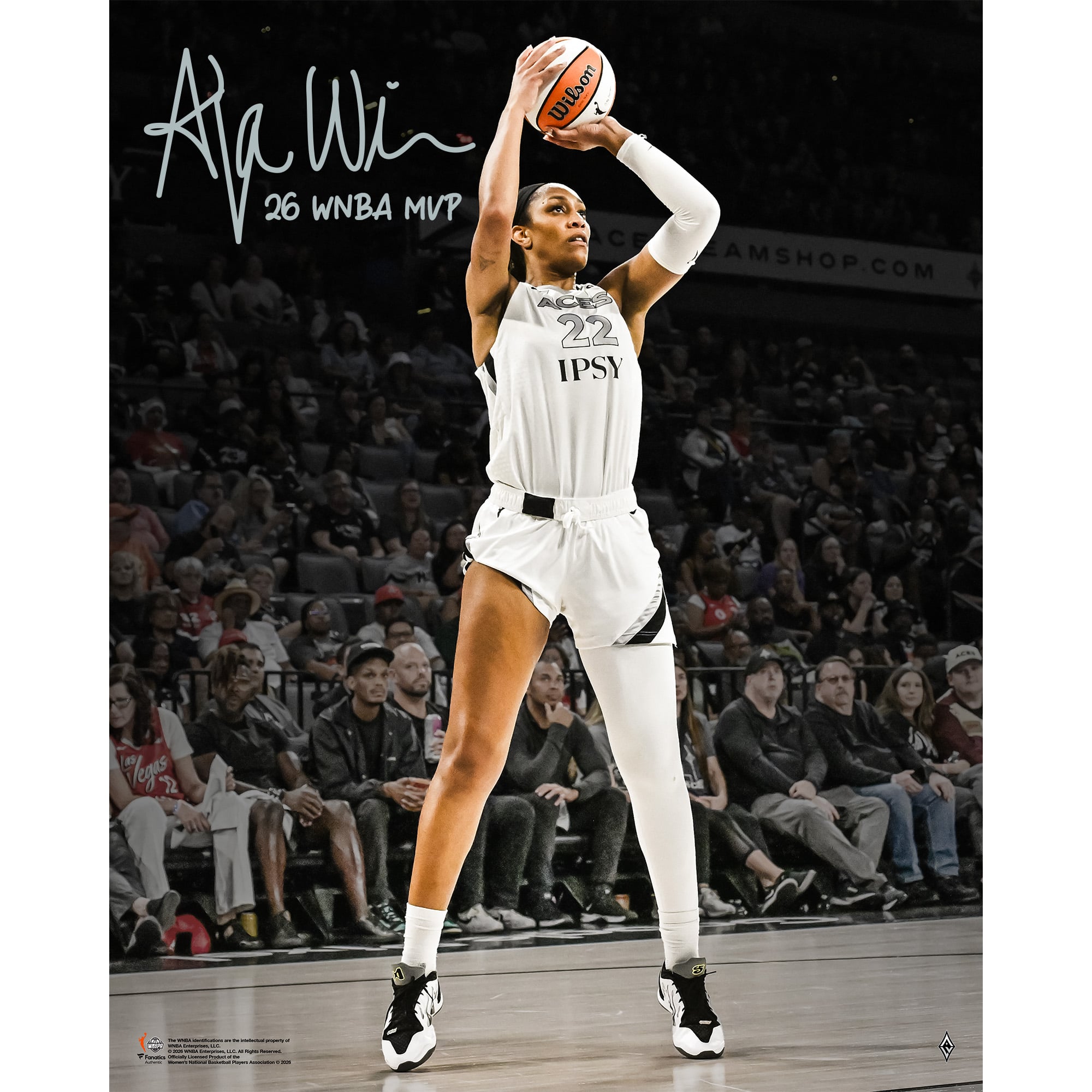Fotografía autografiada de A'ja Wilson de Las Vegas Aces, tamaño 16" x 20", con la inscripción "26 WNBA MVP".
