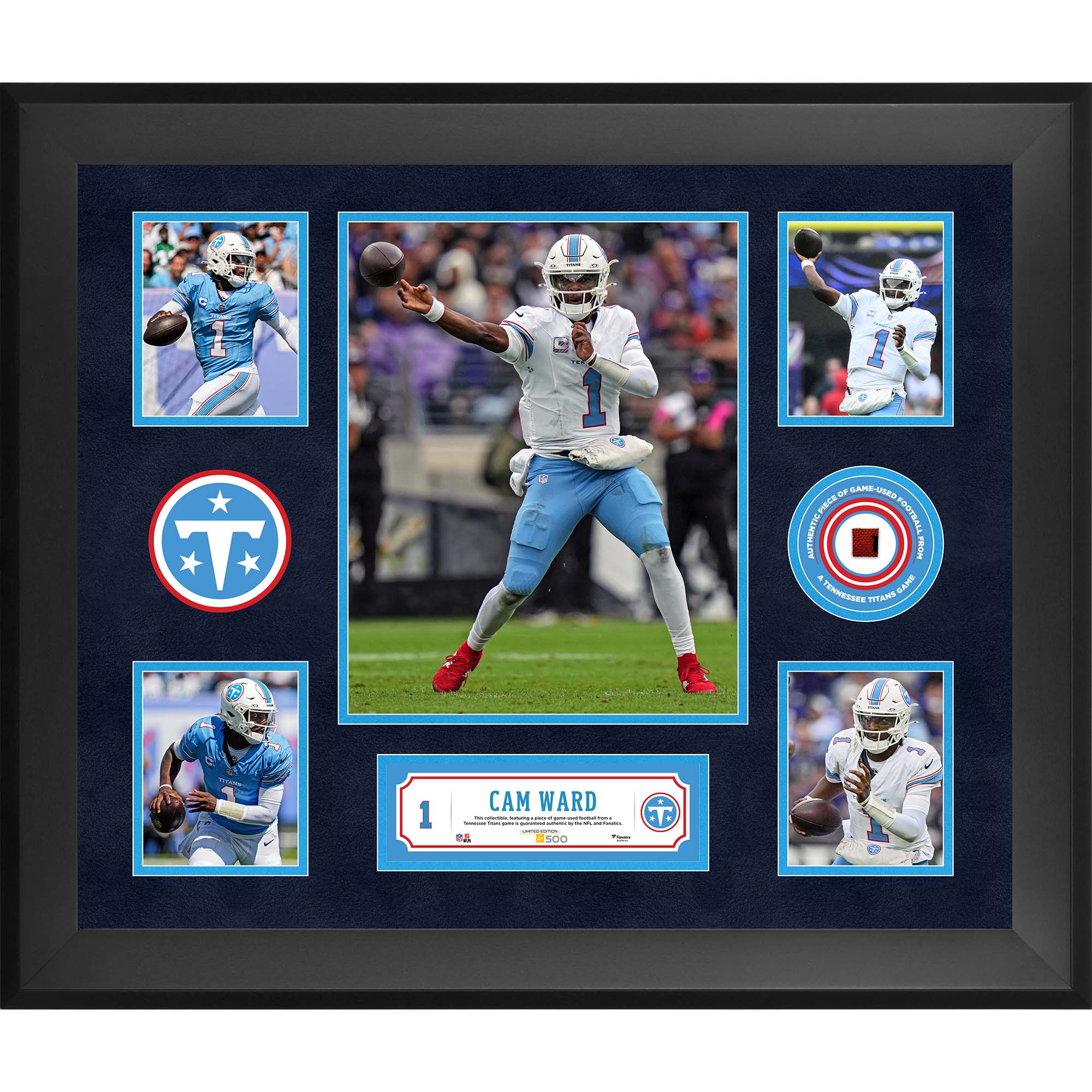 Cam Ward Tennessee Titans Framed 20" x 24" 5-Photo Collage with a Piece of Game-Used Football - Limited Edition of 500
