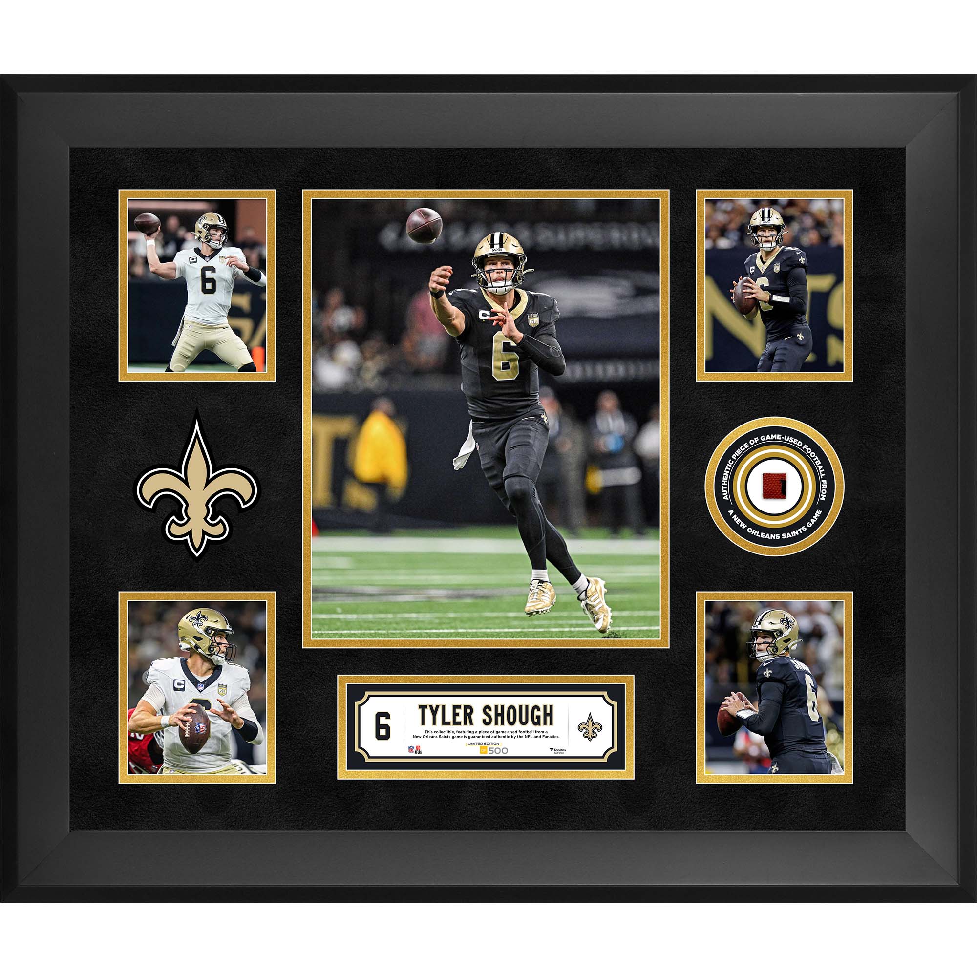Tyler Shough New Orleans Saints Framed 20" x 24" 5-Photo Collage with a Piece of Game-Used Football - Limited Edition of 500