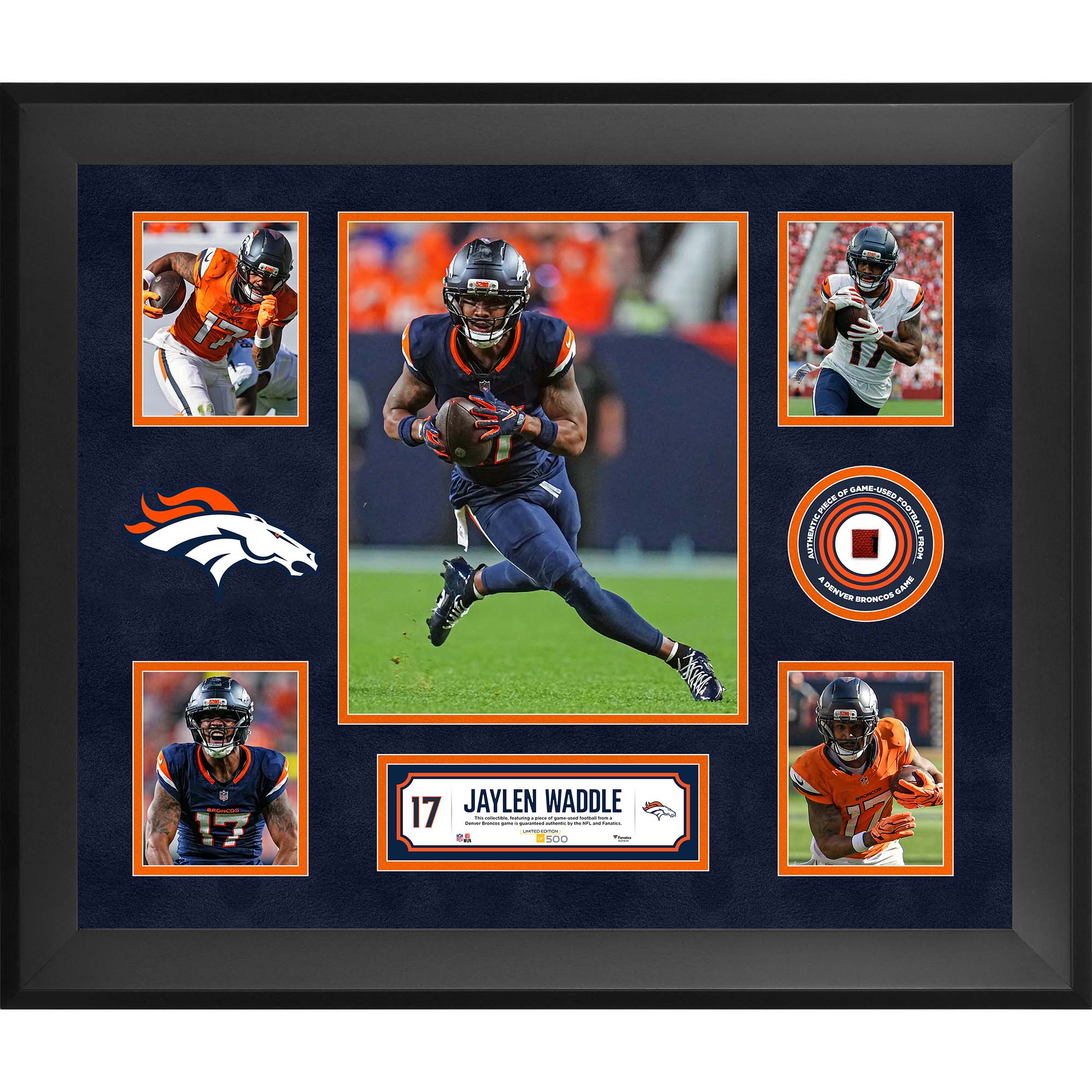 Jaylen Waddle Denver Broncos Framed 20" x 24" 5-Photo Collage with a Piece of Game-Used Football - Limited Edition of 500