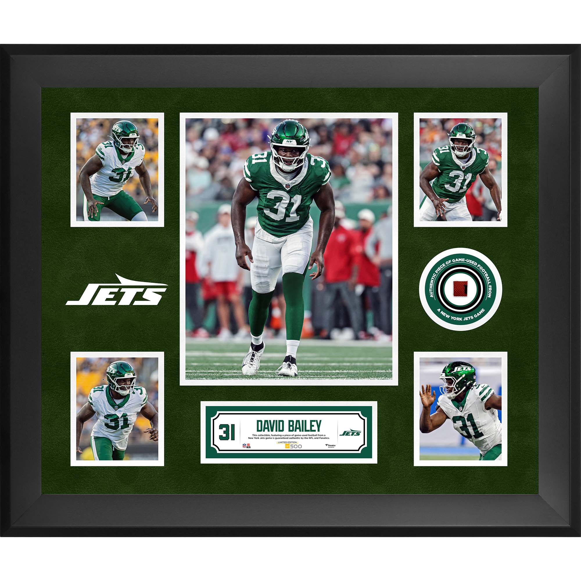 David Bailey New York Jets Framed 20" x 24" 5-Photo Collage with a Piece of Game-Used Football - Limited Edition of 500