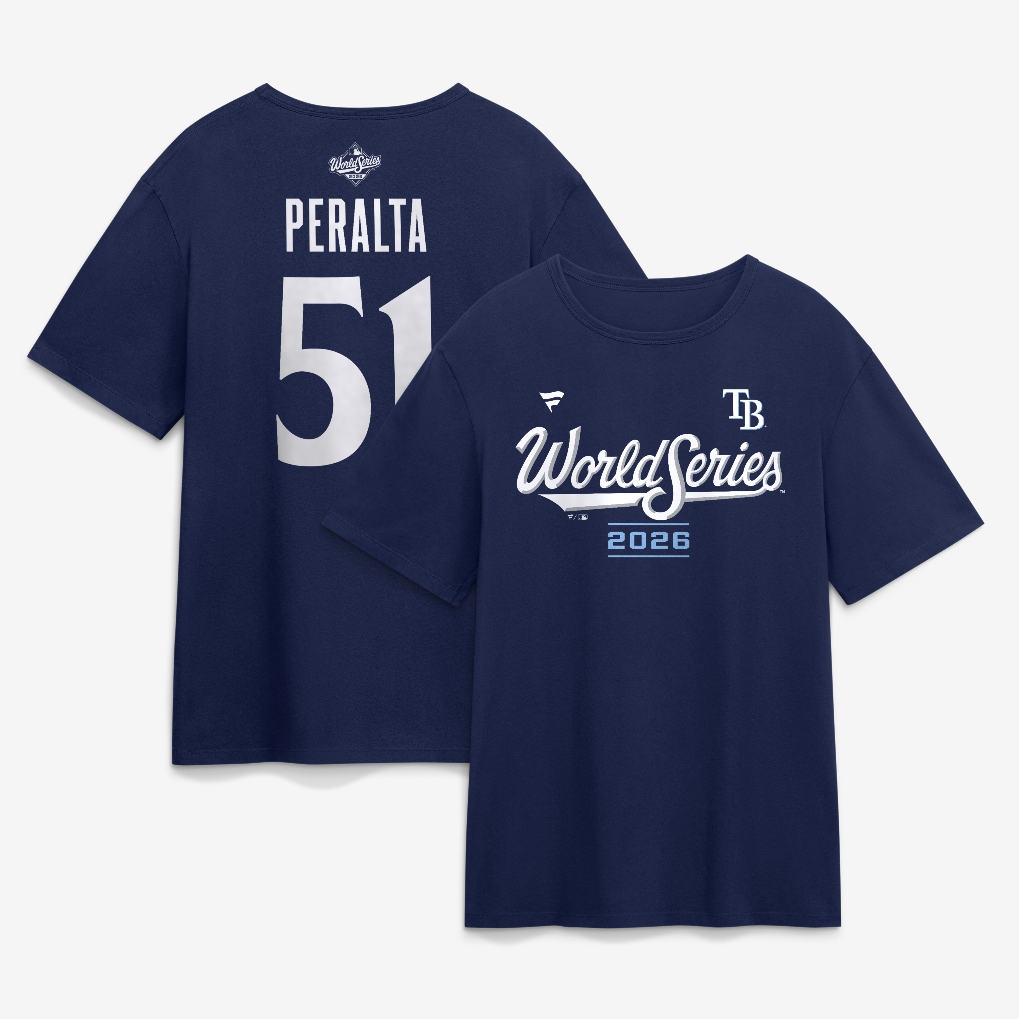 Men's Freddy Peralta Navy Tampa Bay Rays 2026 World Series Name & Number T-Shirt