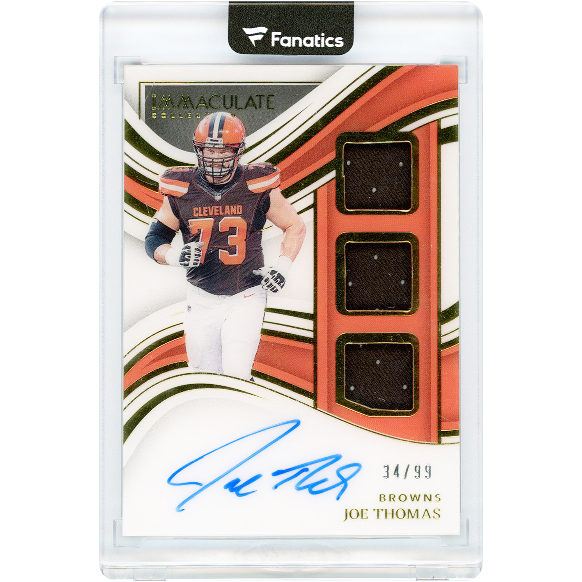 Joe Thomas Cleveland Browns Autographed 2023 Panini Immaculate Collection Play Collection Triple Jersey Relics #PC-JTH #34/99 Card