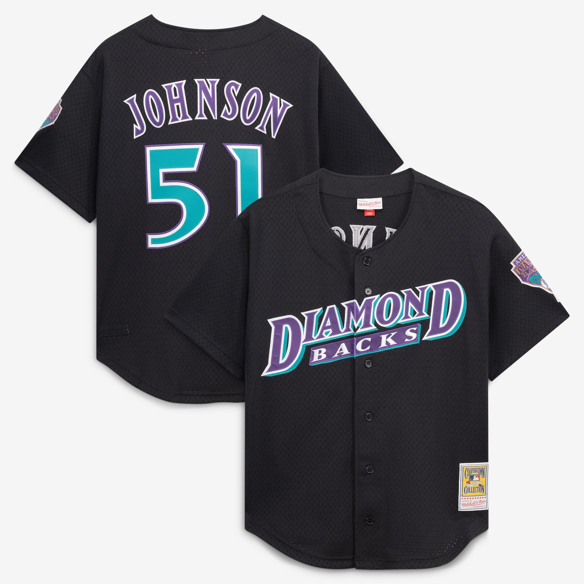 Maglia da allenamento in mesh con bottoni e stampa di Randy Johnson degli Arizona Diamondbacks, collezione Cooperstown, di Mitchell & Ness, colore nero.