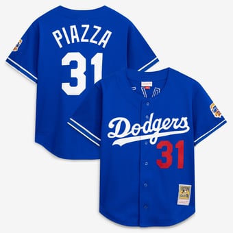 Men's Mitchell & Ness Mike Piazza Royal Los Angeles Dodgers Cooperstown Collection Mesh Batting Practice Button-Up Jersey