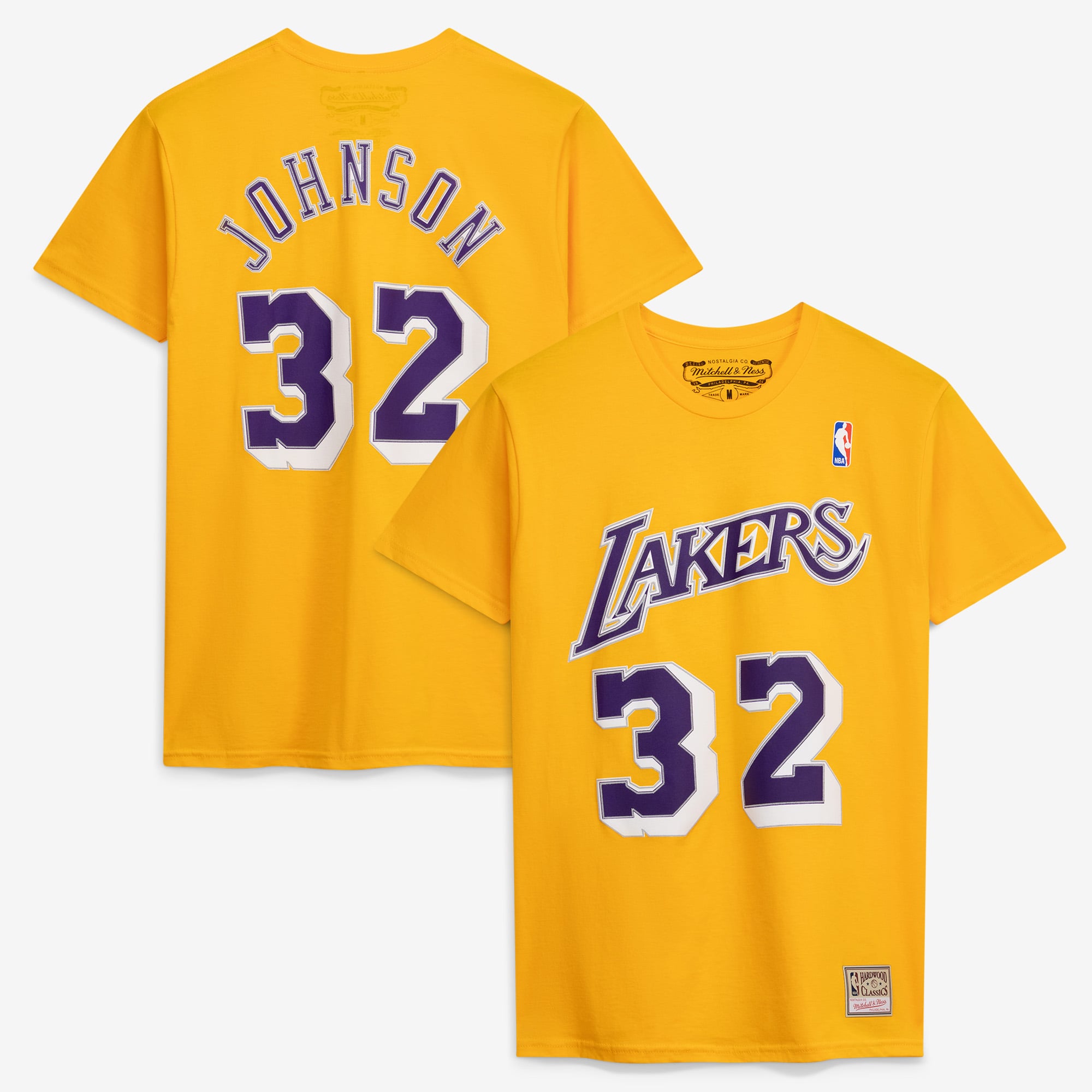 Men's Mitchell & Ness Magic Johnson Gold Los Angeles Lakers Hardwood Classics Retro Name & Number T-Shirt