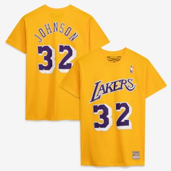 Men's Mitchell & Ness Magic Johnson Gold Los Angeles Lakers Hardwood Classics Retro Name & Number T-Shirt