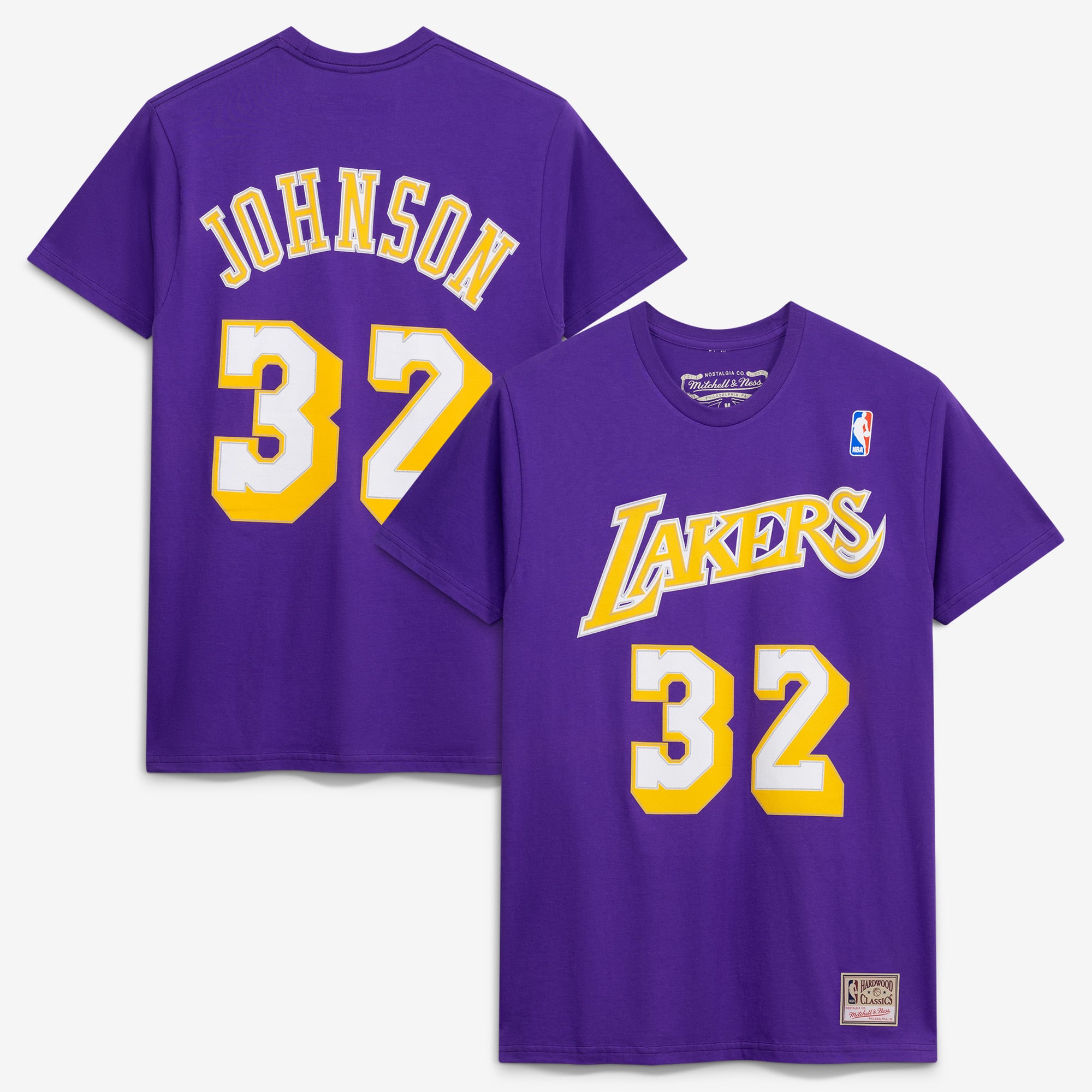Men's Mitchell & Ness Magic Johnson Purple Los Angeles Lakers Hardwood Classics Name & Number T-Shirt