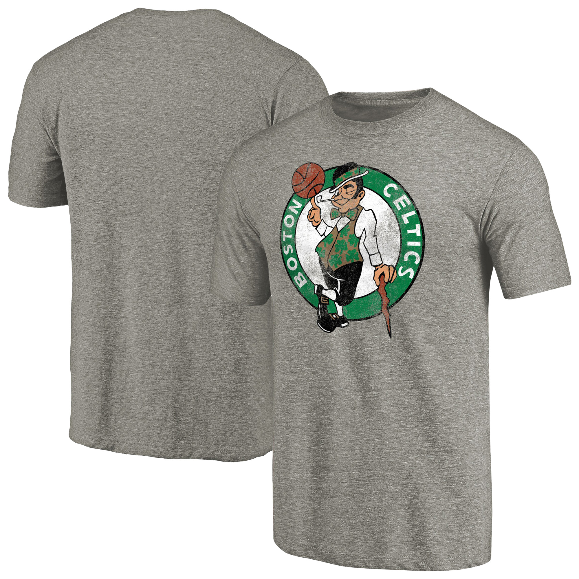 Men's Heathered Gray Boston Celtics Distressed Team Logo 2 Tri-Blend V-Neck T-Shirt