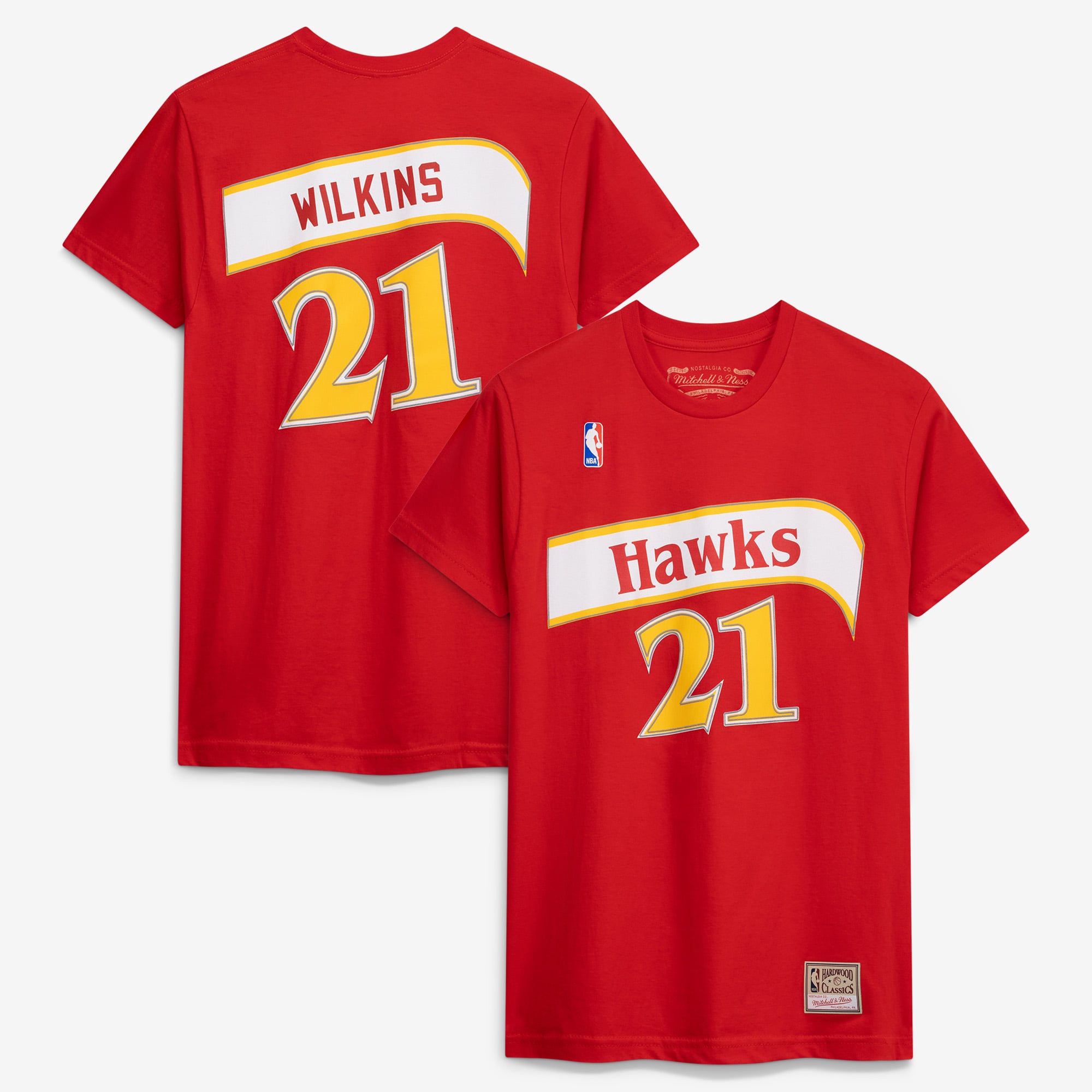 Men's Mitchell & Ness Dominique Wilkins Red Atlanta Hawks Hardwood Classics Team Name & Number T-Shirt